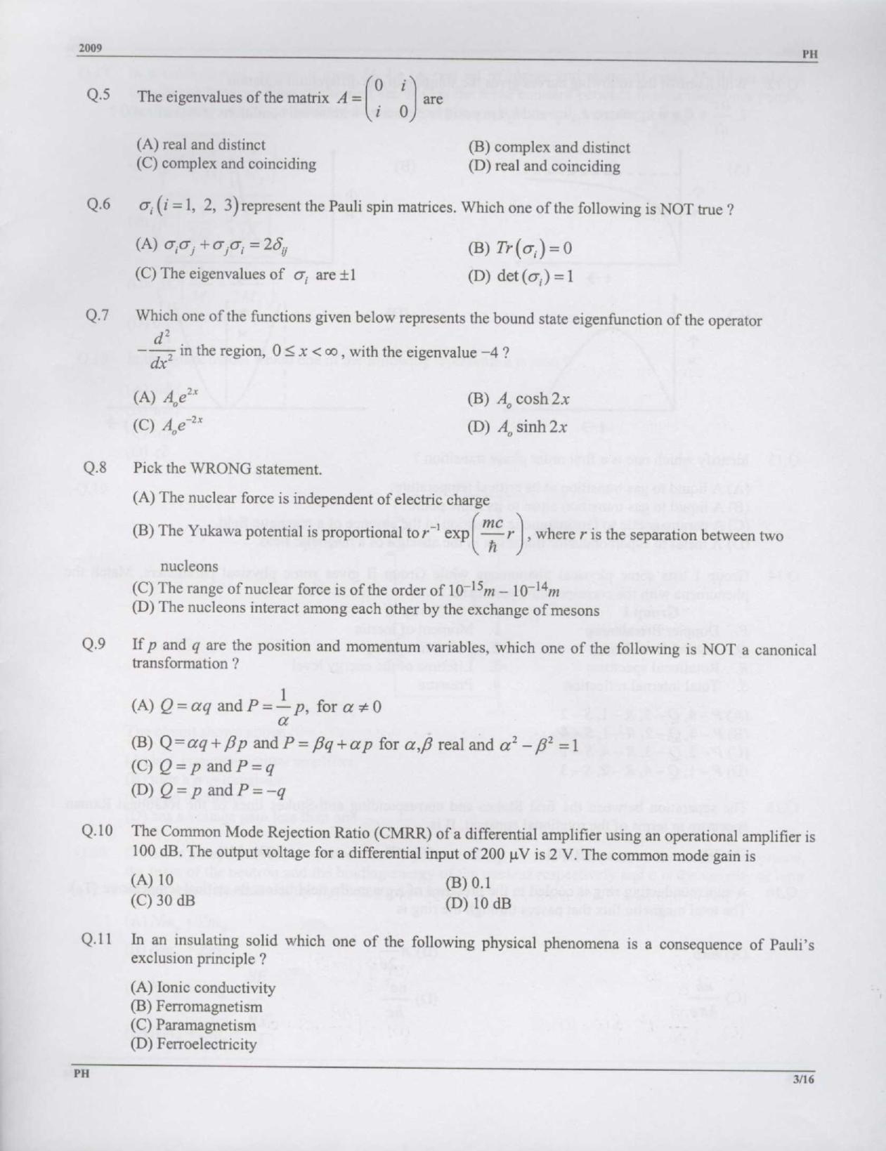 GATE 2009 Physics (PH) Question Paper with Answer Key - Page 3