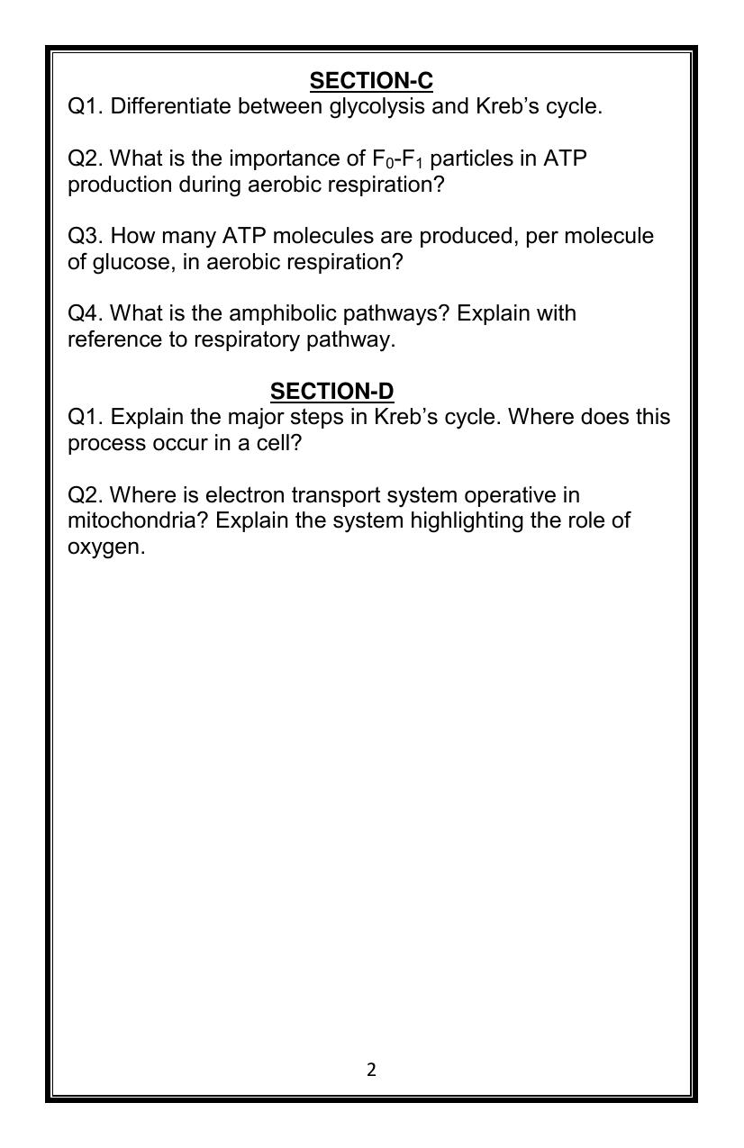 CBSE Worksheets for Class 11 Biology Respiration in Plants Assignment - Page 2