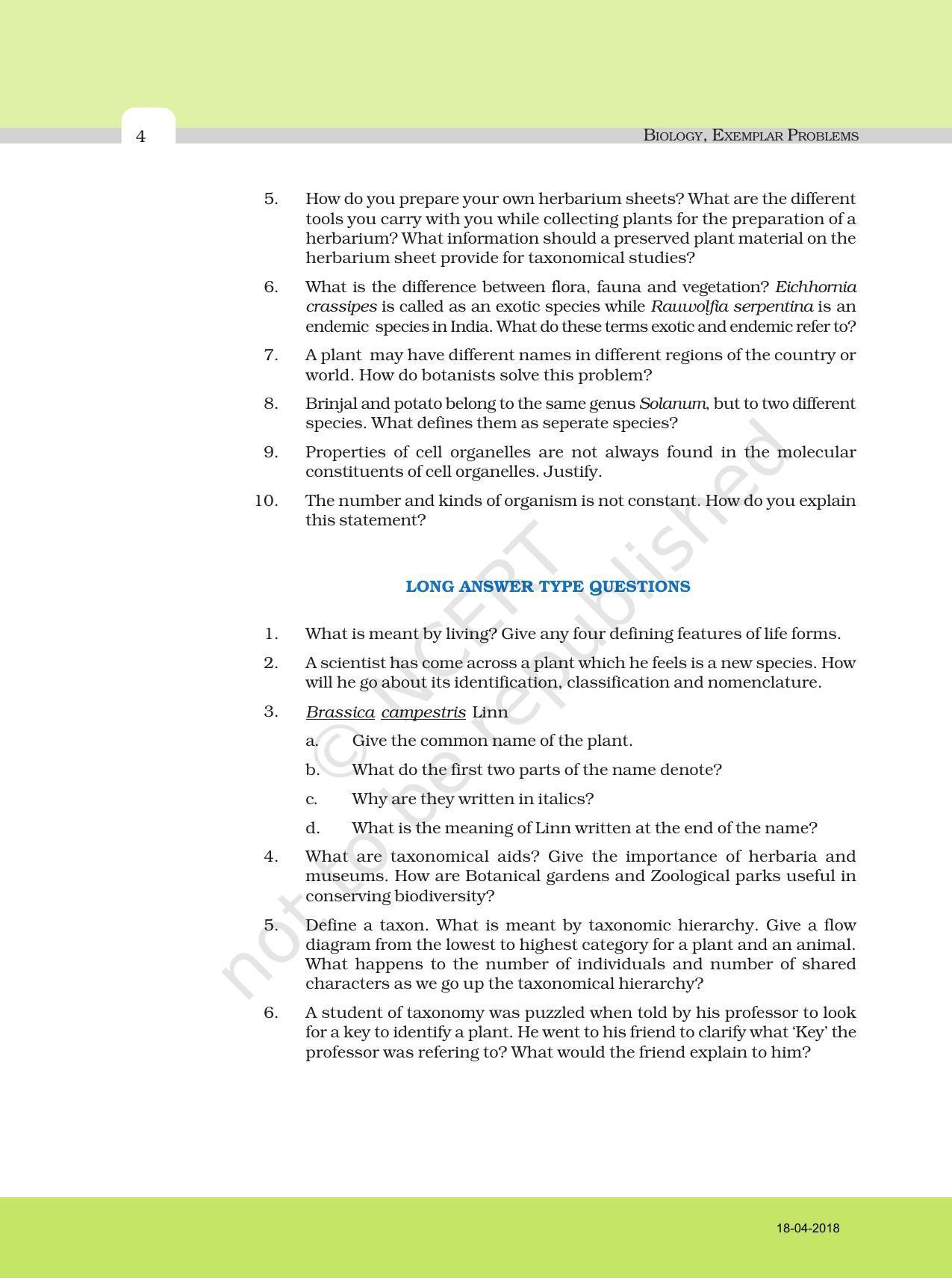 NCERT Exemplar Book For Class 11 Biology Chapter 1 The Living World