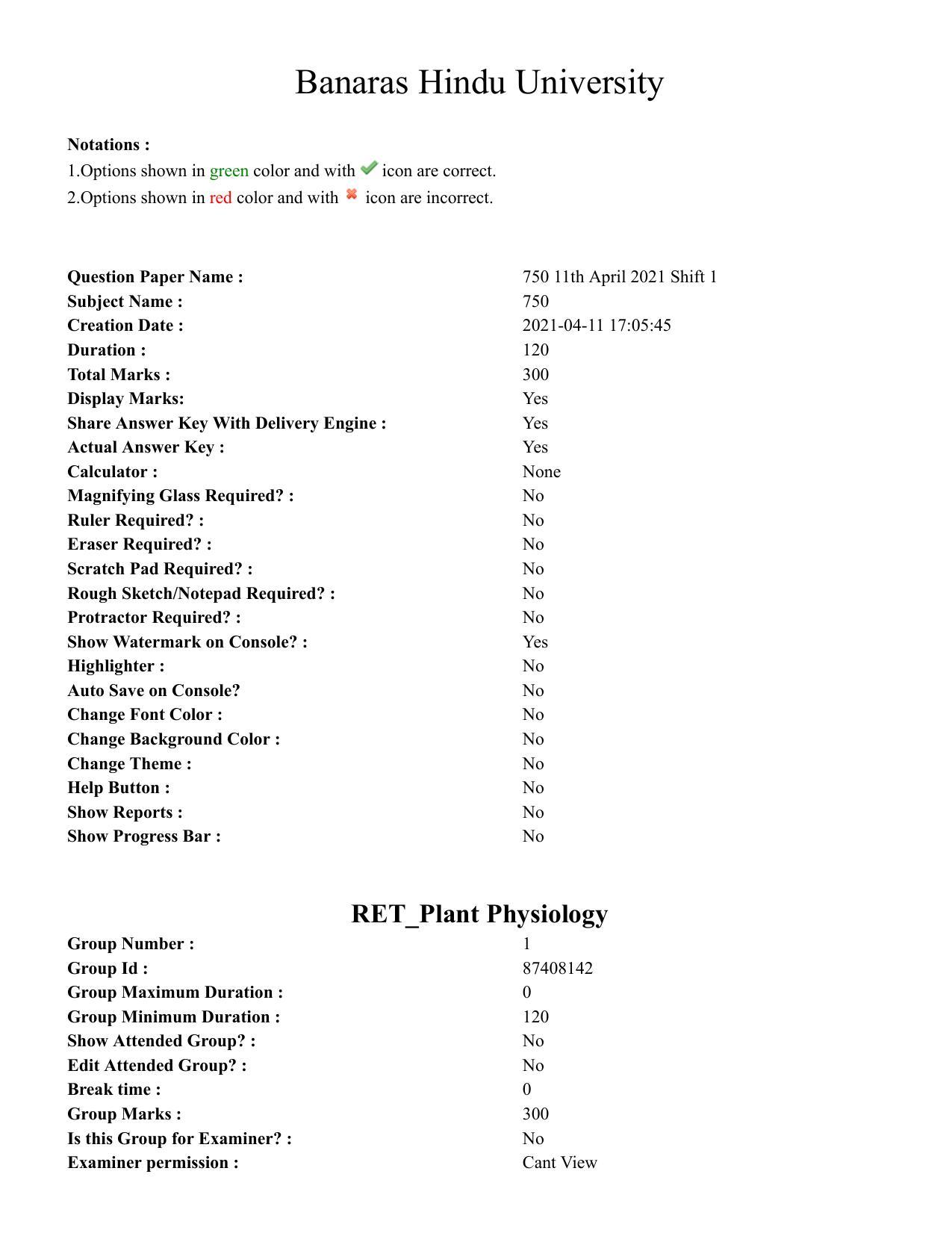 BHU RET Plant 2020 Question Paper  - Page 1