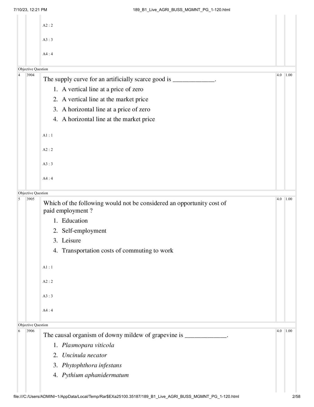 ICAR AIEEA PG 2023 AGRI BUSINESS MANAGEMENT Question Paper - IndCareer Docs