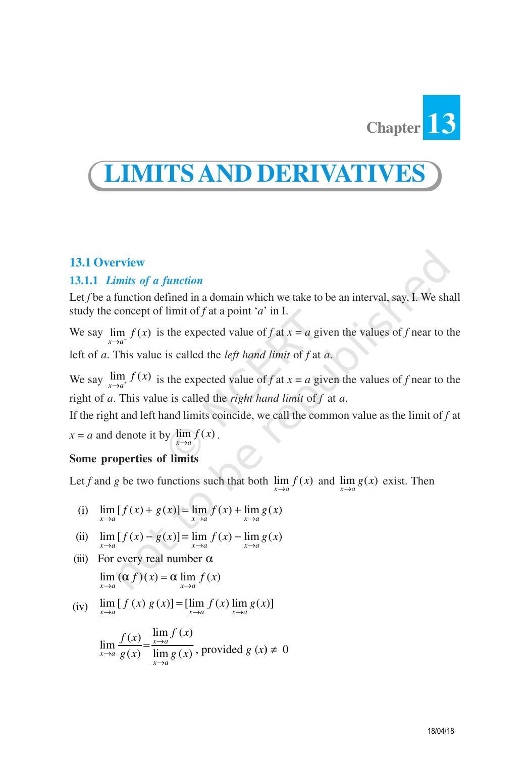 NCERT Exemplar Book for Class 11 Maths: Chapter 13 Limits and Derivatives - Page 1