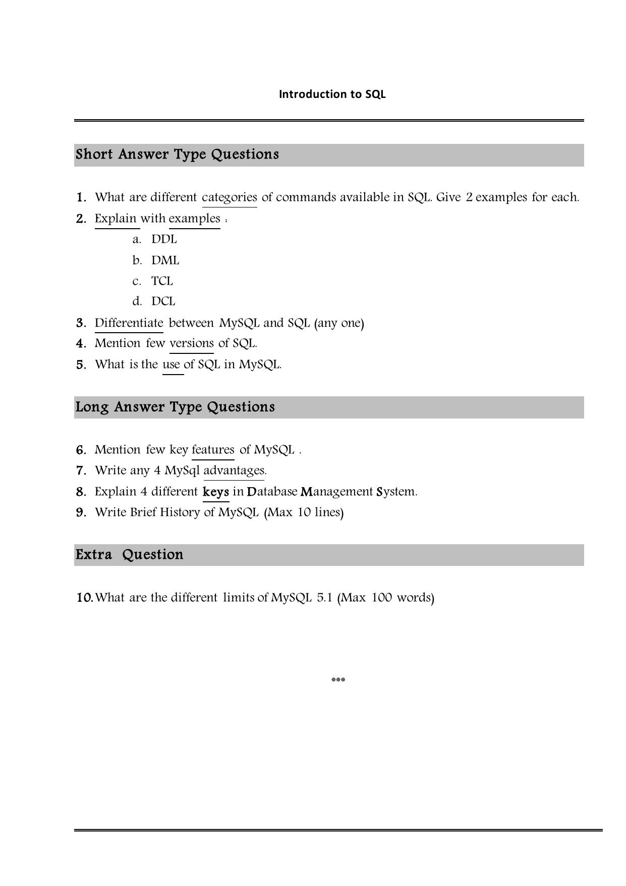 CBSE Worksheets for Class 11 Information Practices Introduction to SQL Assignment - Page 1