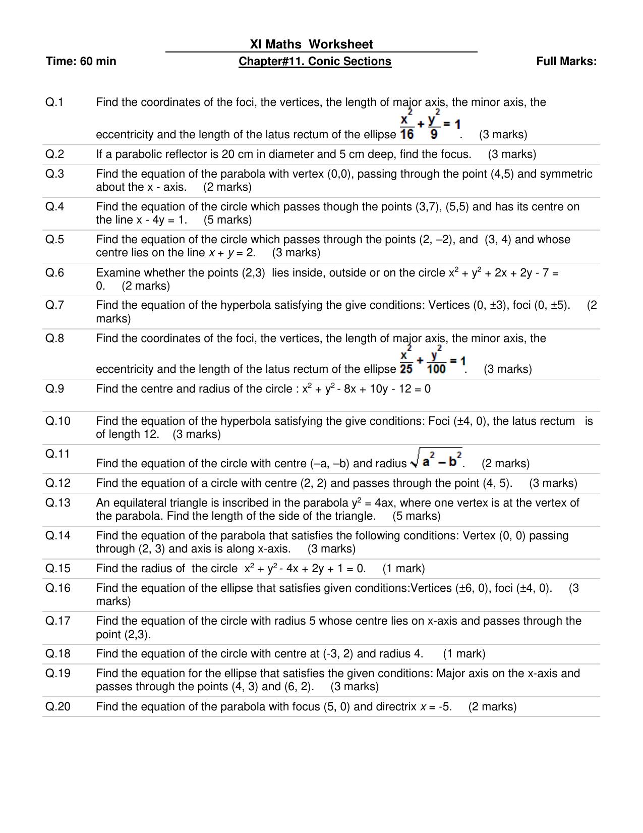 CBSE Worksheets for Class 11 Mathematics Conic Sections Assignment 1 - Page 1