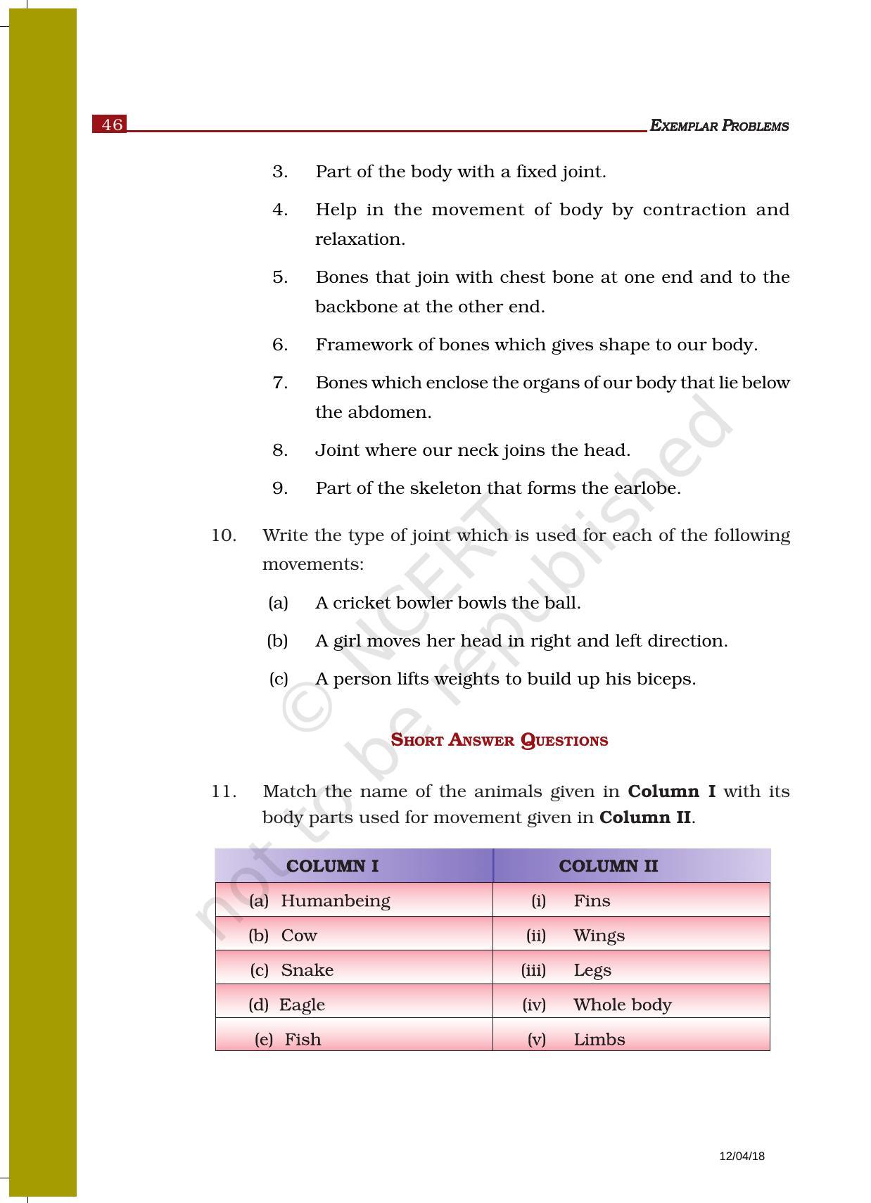 NCERT Exemplar Book For Class 6 Science Chapter 8-Body Movements