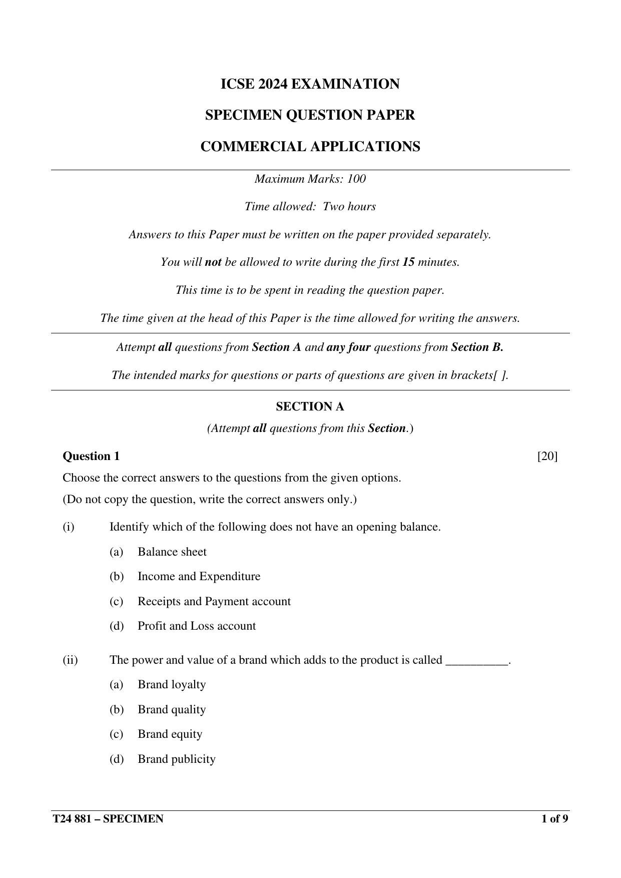 ICSE Class 10  2024 Commercial Applications Sample Paper - Page 1