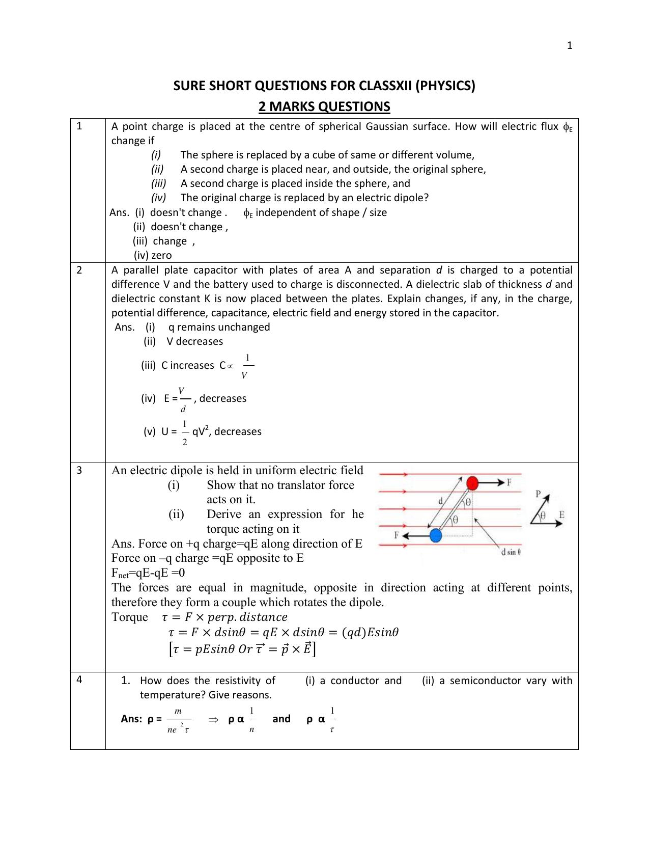 CBSE Class 12 Physics 1 mark Question Bank - 2 MARKS QUESTIONS - Page 1