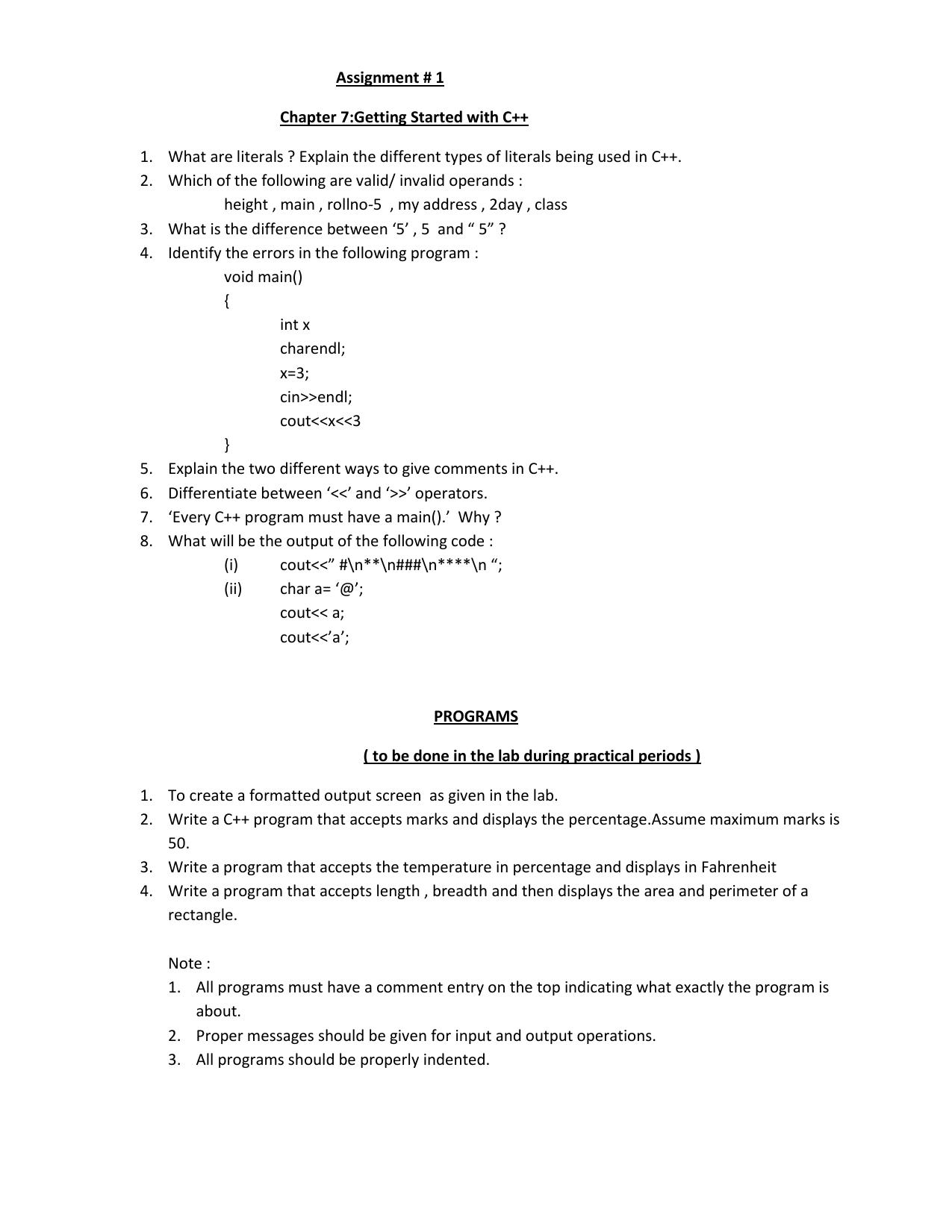 CBSE Worksheets for Class 11 Computer Science Getting Started with C++ Assignment - Page 1