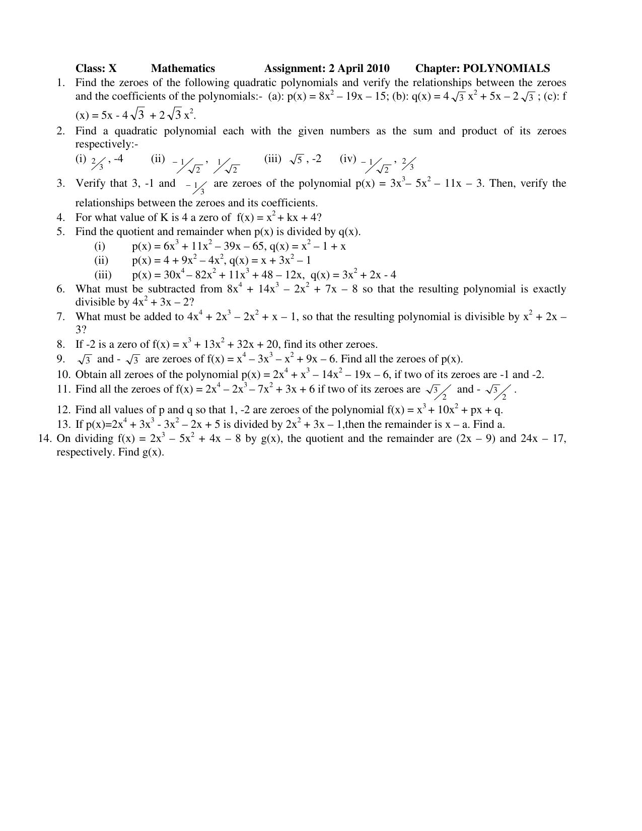 maths assignment for class 10 polynomials