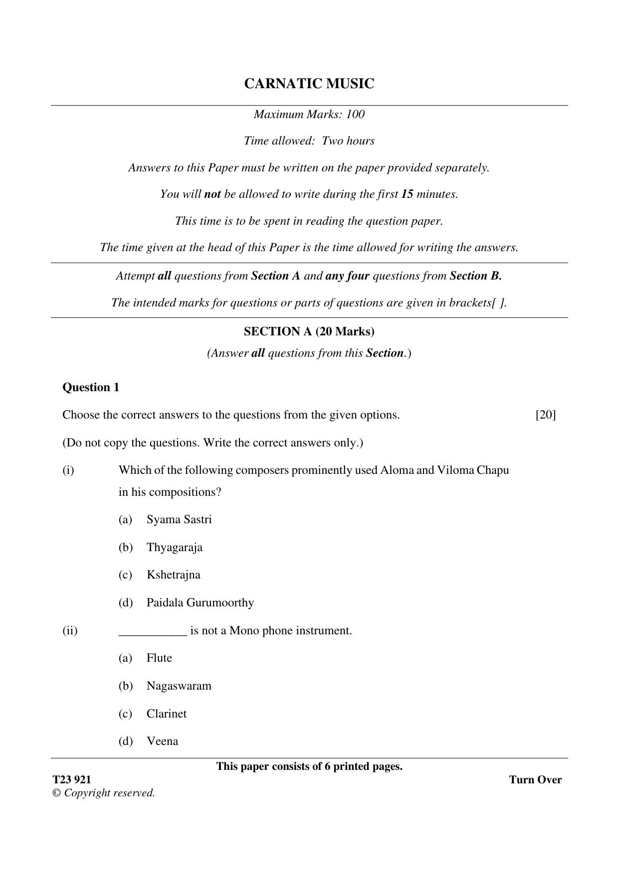 ICSE Class 10 CARNATIC MUSIC 2023 Question Paper - Page 1