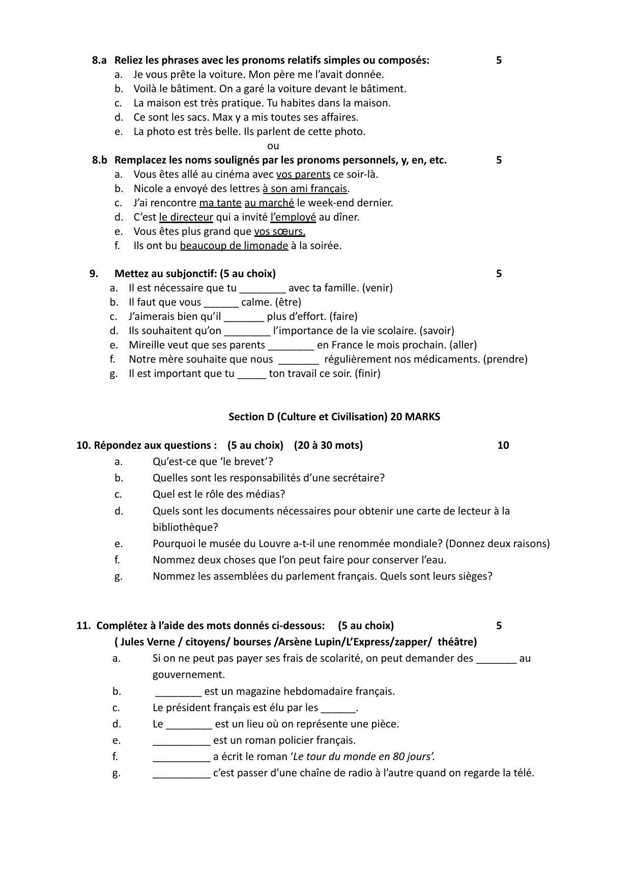 CBSE Class 10 French Sample Papers 2023 - IndCareer Docs