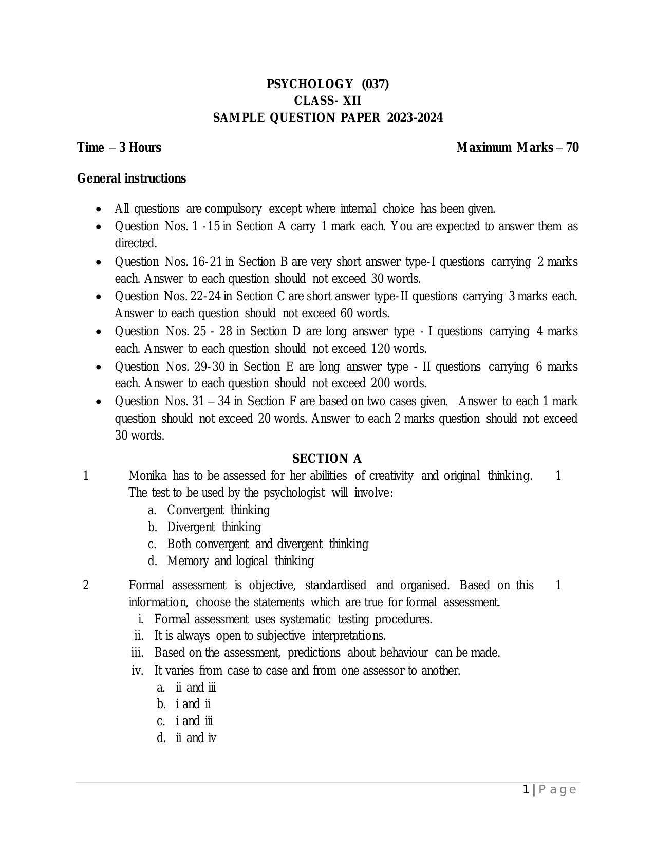 Cbse Class 12 Psychology Sample Paper 2024 Indcareer Schools 1999