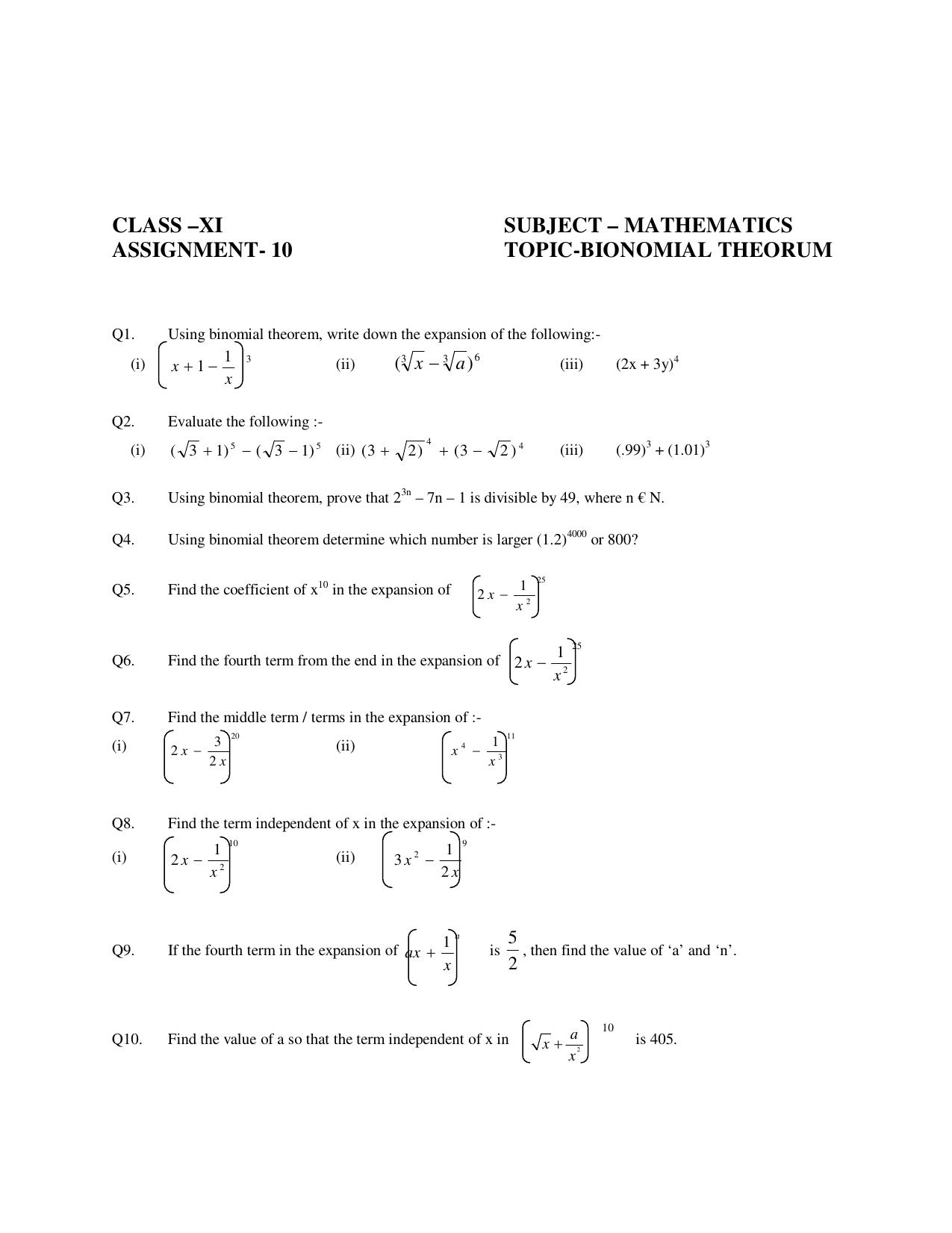 CBSE Worksheets for Class 11 Mathematics Binomial Theorem Assignment 2 - Page 1