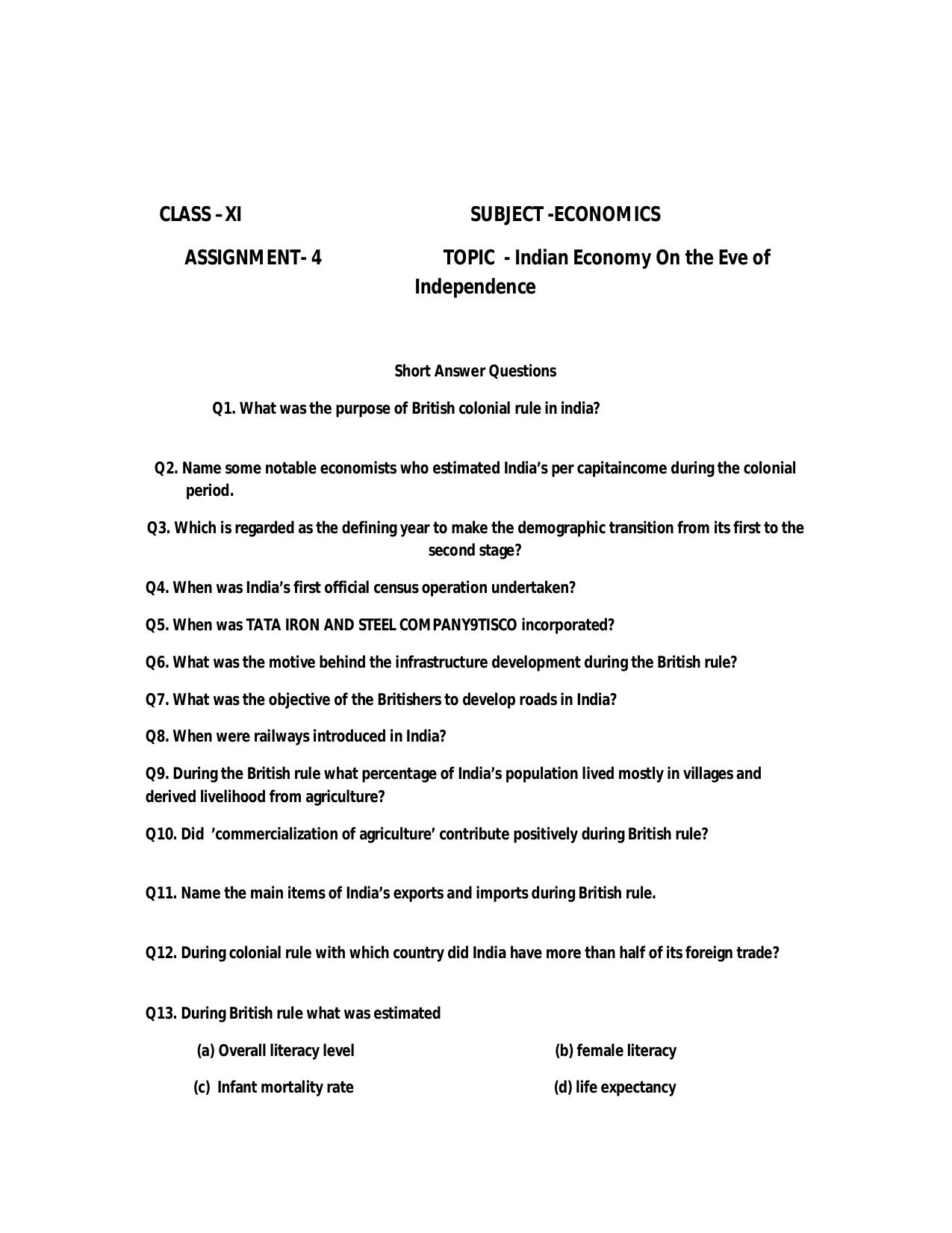 CBSE Worksheets for Class 11 Economics Assignment 4 - Page 1