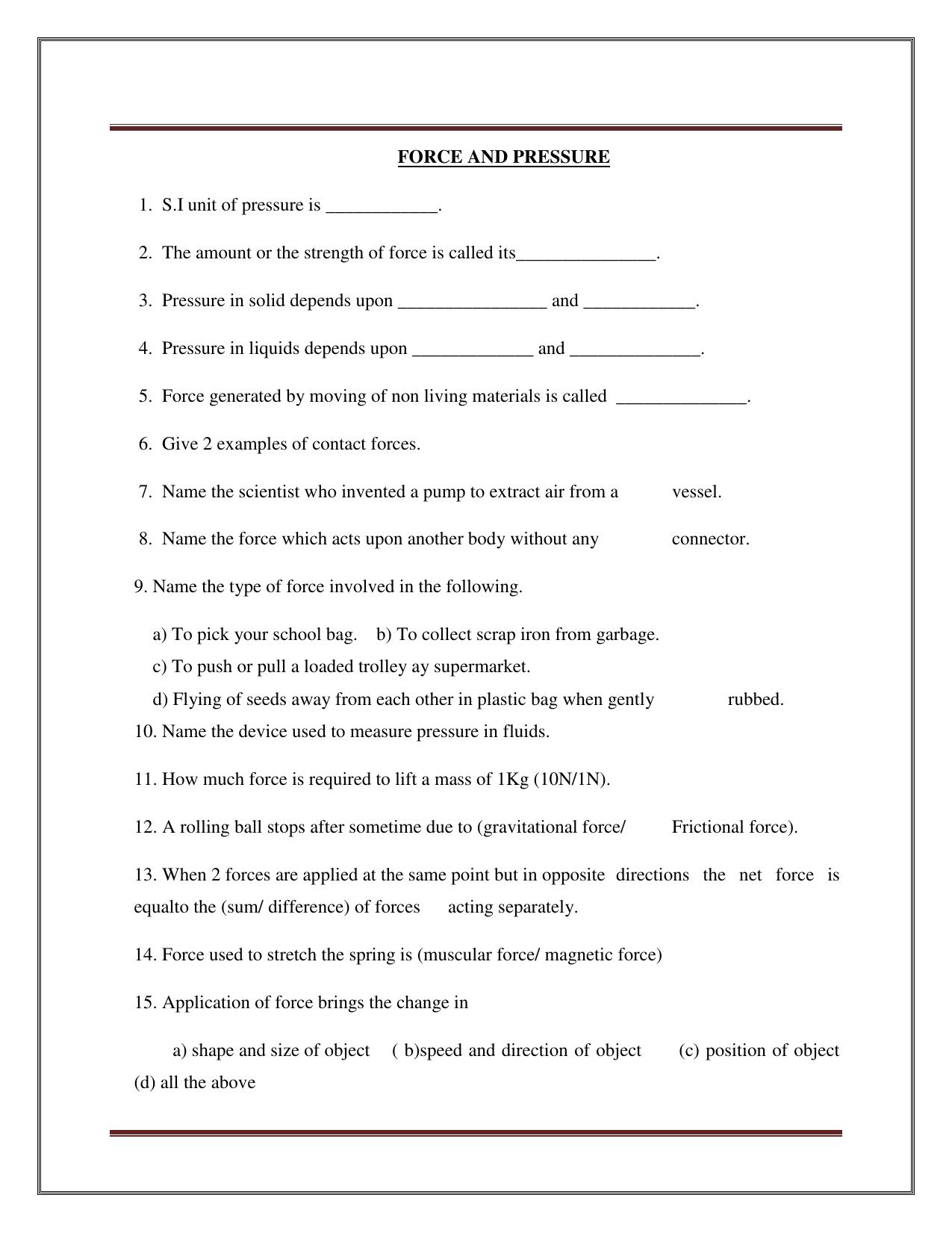CBSE Worksheets for Class 8 Science Force And Pressure Part B Assignment - Page 1