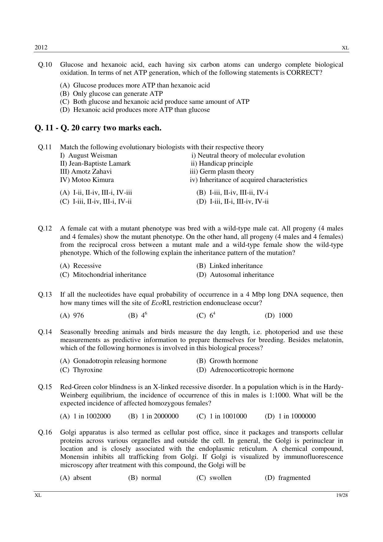 GATE 2012 Life Sciences (XL) Question Paper with Answer Key - IndCareer ...