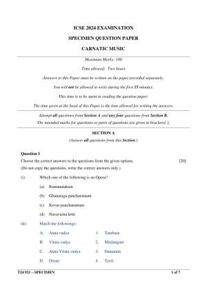 ICSE Class 10  2024 CARNATIC MUSIC Sample Paper