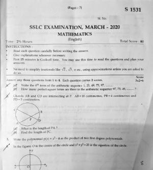 Kerala SSLC 2020 Maths (EM) Question Paper