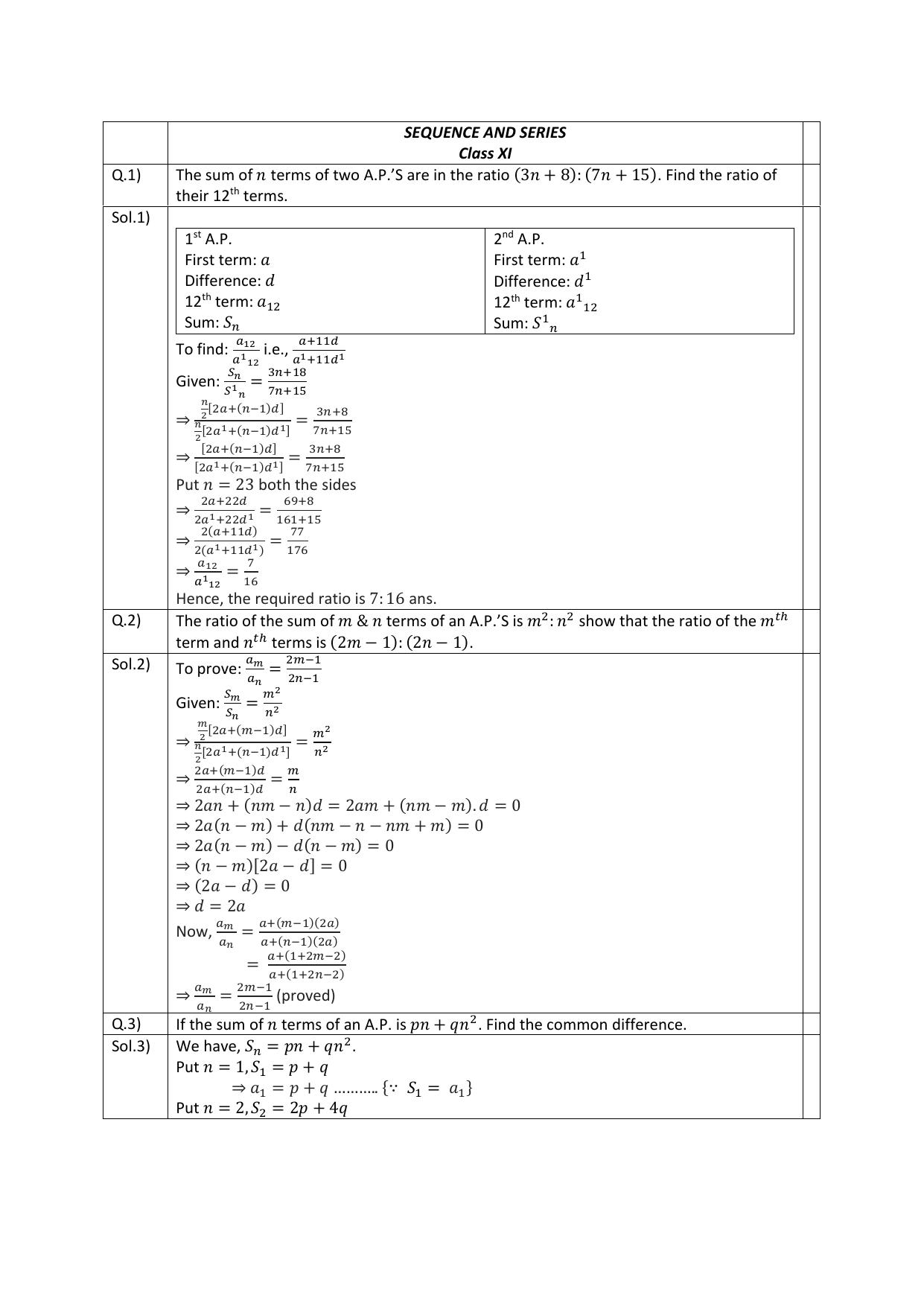 CBSE Worksheets for Class 11 Mathematics Sequences and Series Assignment 7 - Page 1