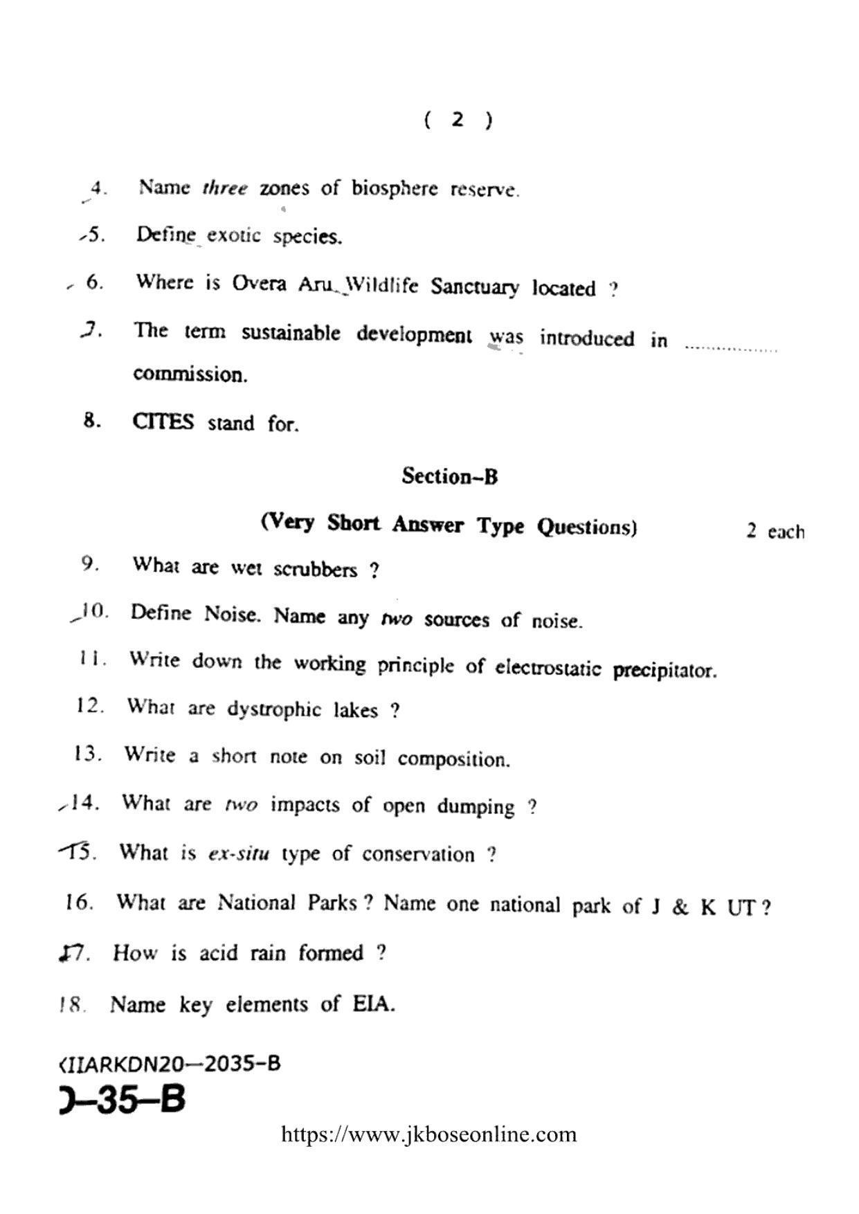 JKBOSE Class 12 Environmental-Science 2035-B Question Papers 2020 ...