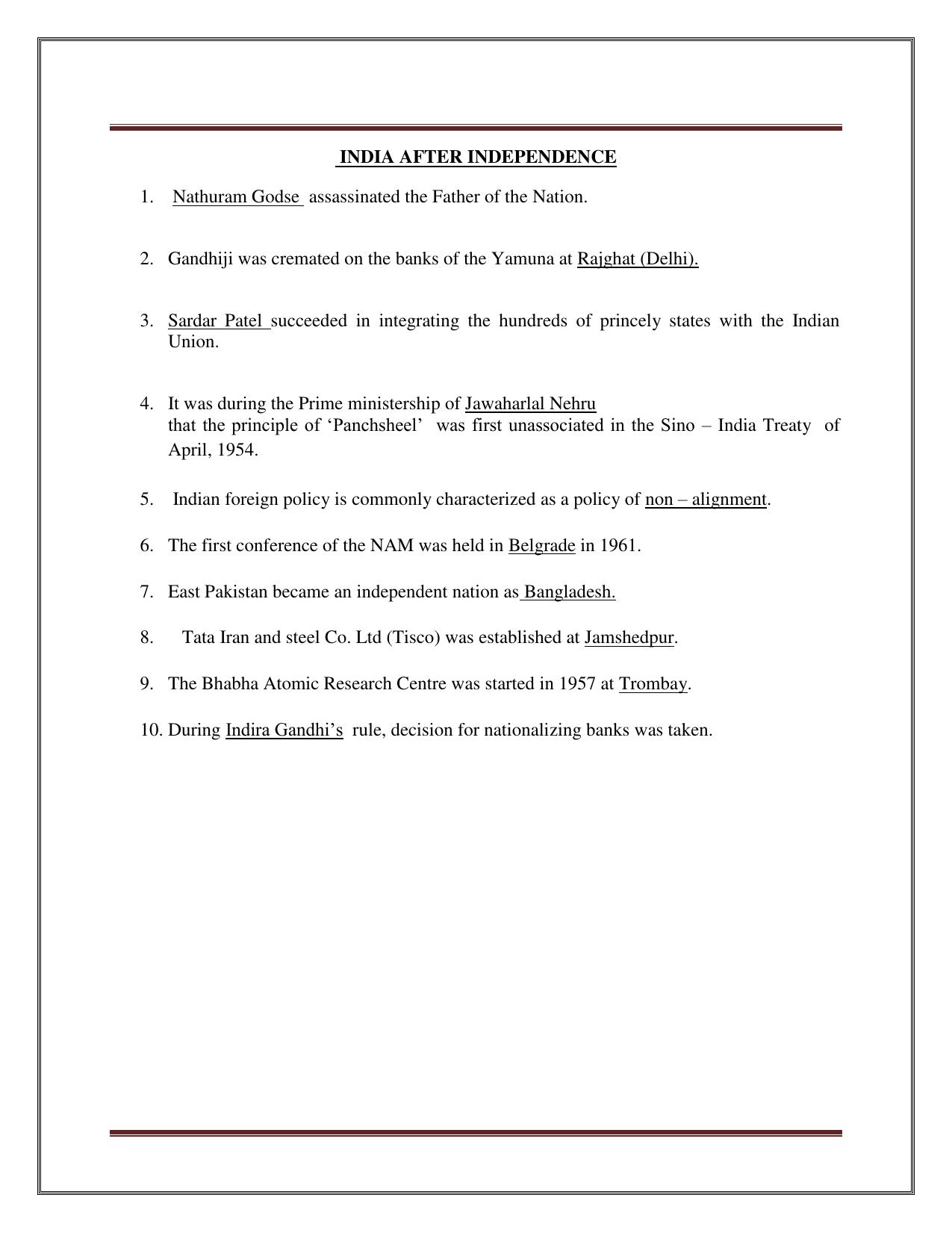 CBSE Worksheets for Class 8 Social Science India After Independence Assignment - Page 1