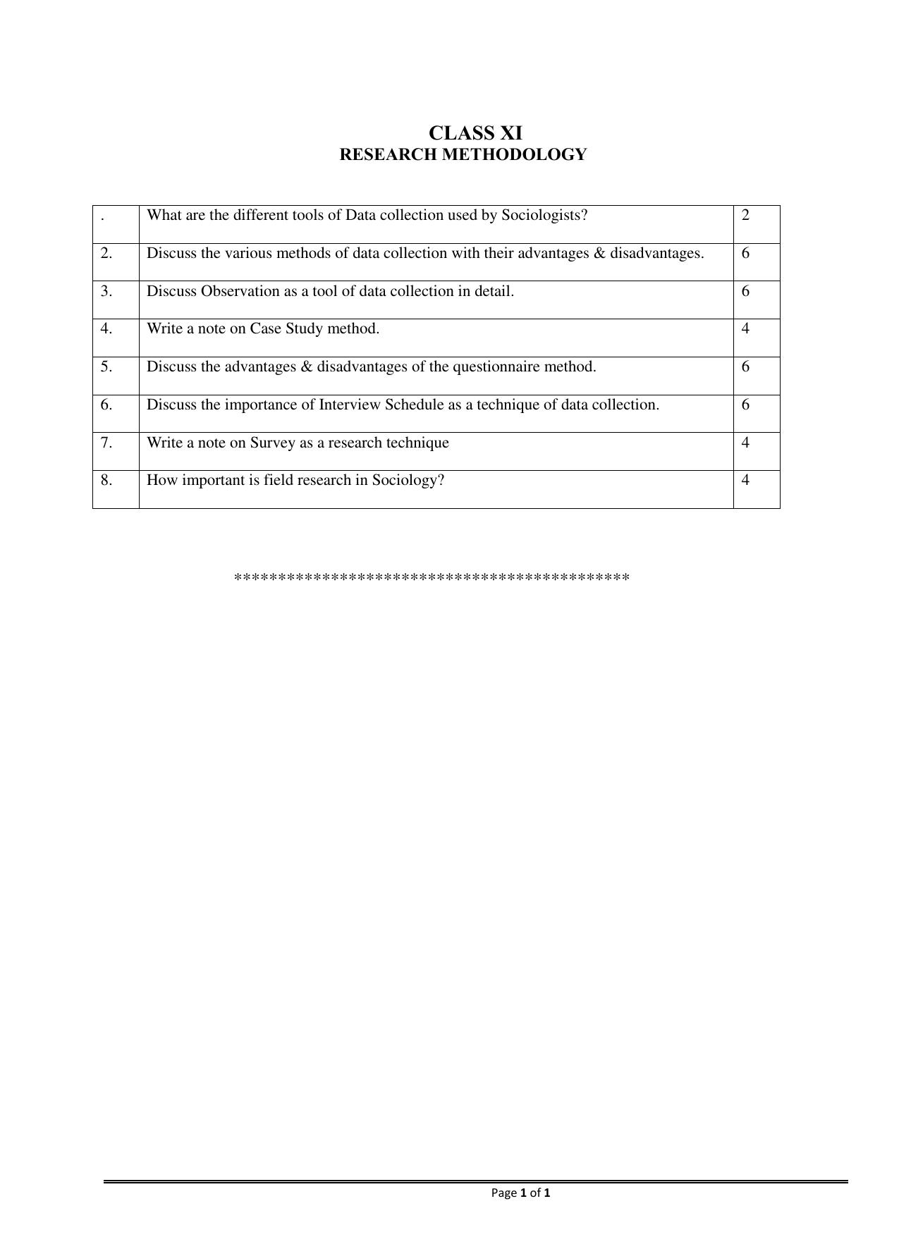 CBSE Worksheets for Class 11 Sociology Research Methodology Assignment - Page 1