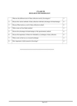 CBSE Worksheets for Class 11 Sociology Research Methodology Assignment