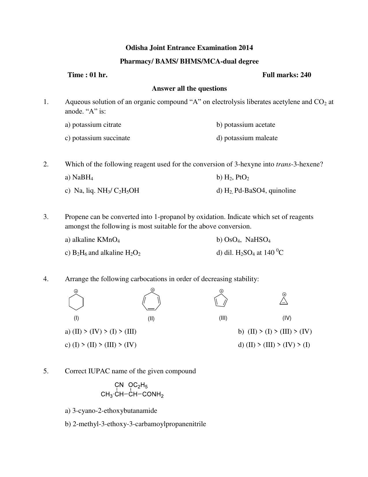 OJEE 2014 Chemistry Pharmacy BAMS BHMS MCA dual degree