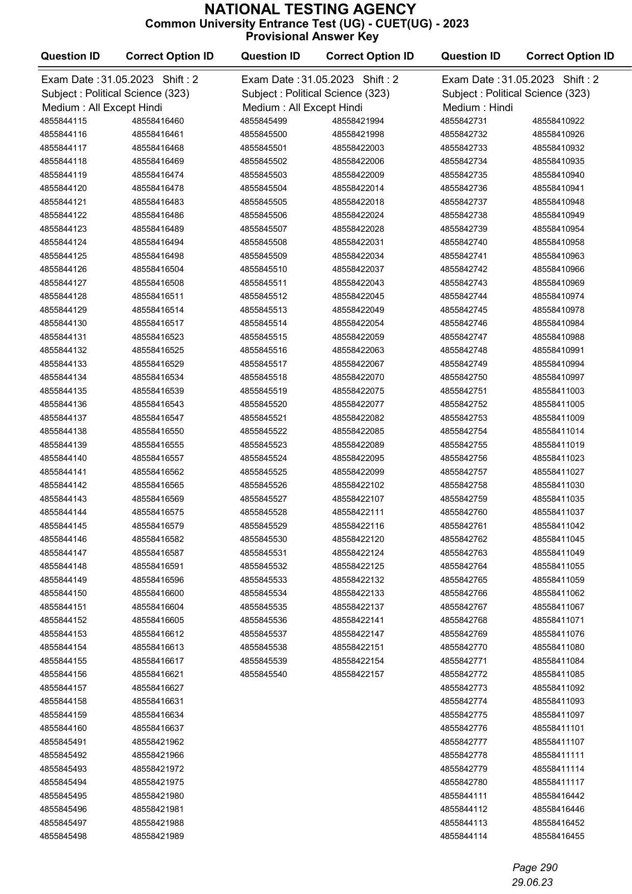 CUET 2023 Answer Key - Page 290