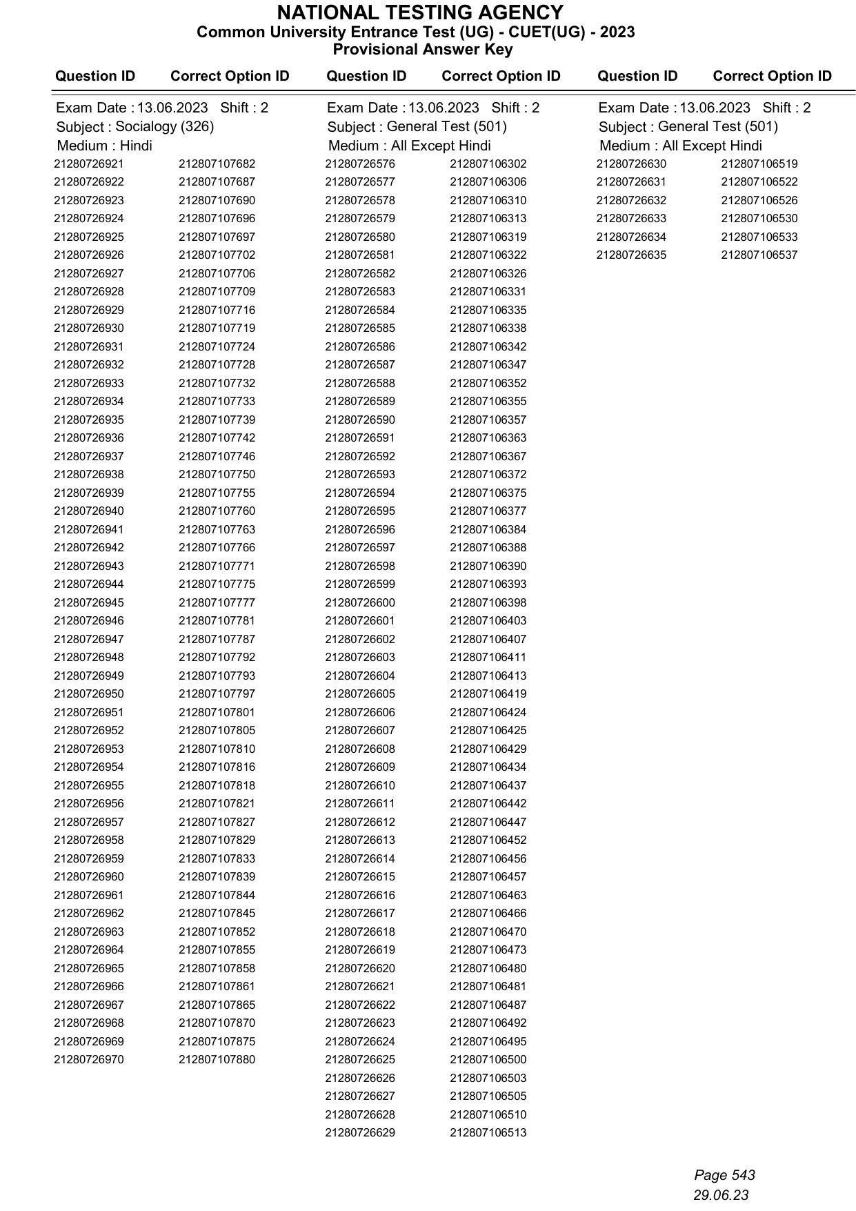 CUET 2023 Answer Key - Page 543