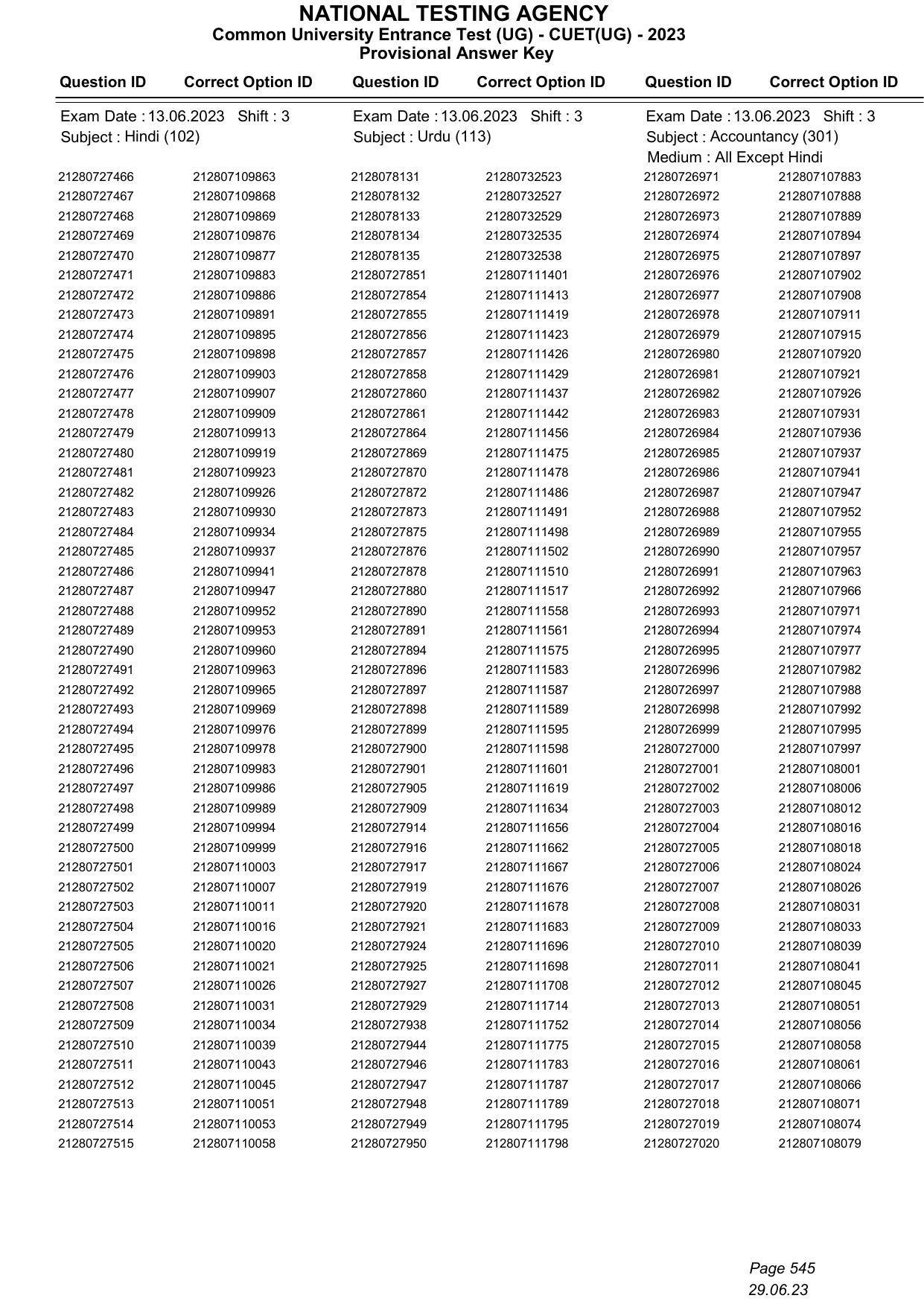 CUET 2023 Answer Key - Page 545