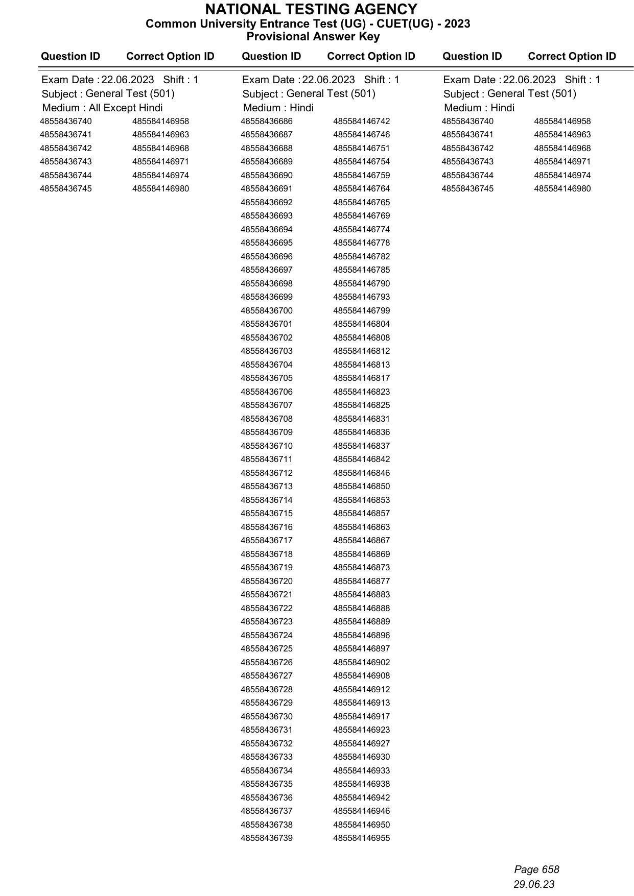 CUET 2023 Answer Key - Page 658