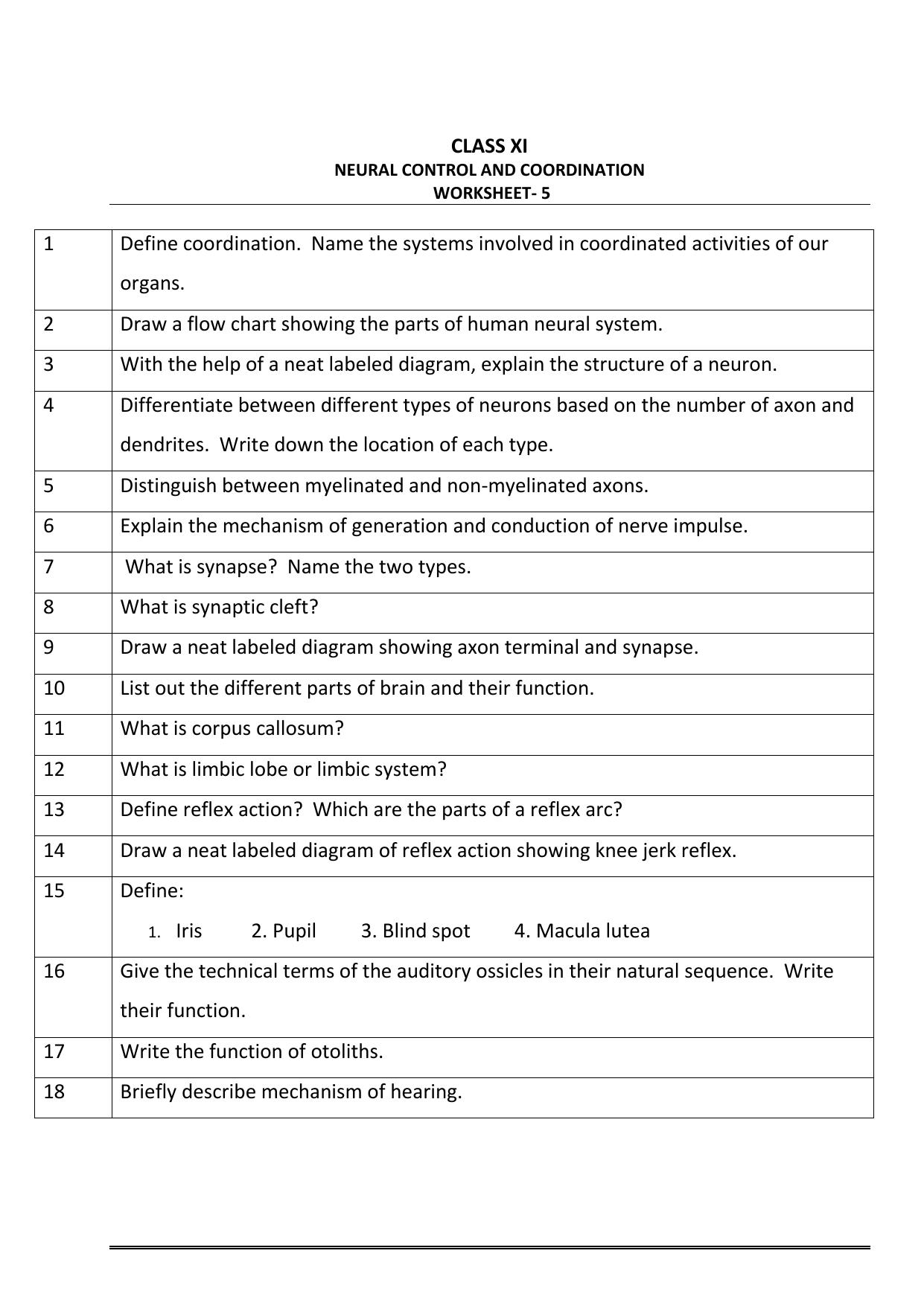 CBSE Worksheets for Class 11 Biology Neural Control and Coordination Assignment - Page 1