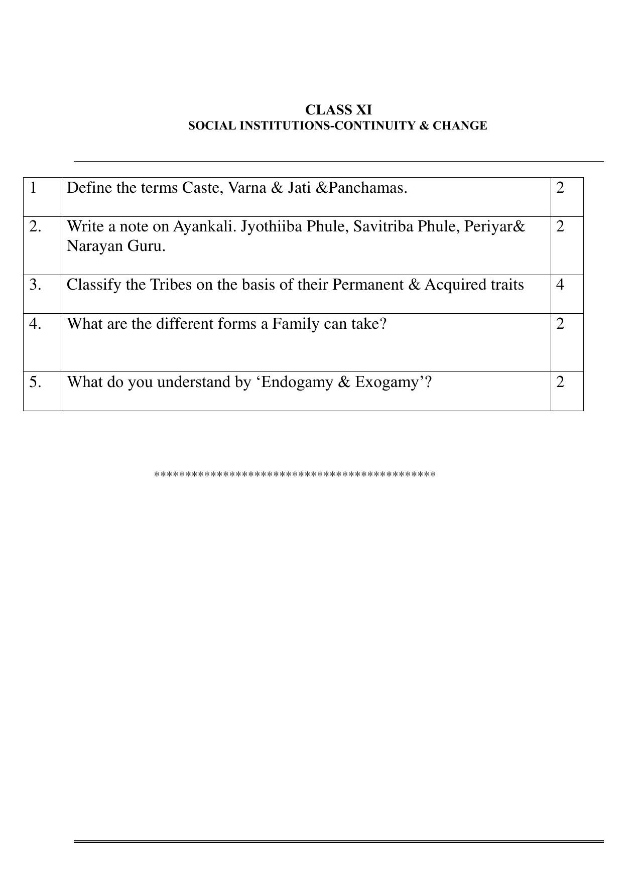 CBSE Worksheets for Class 11 Sociology Social Institutions Continuity Change Assignment - Page 1