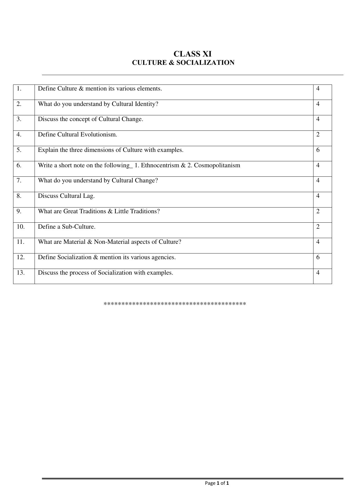CBSE Worksheets for Class 11 Sociology Culture & Socialization Assignment - Page 1