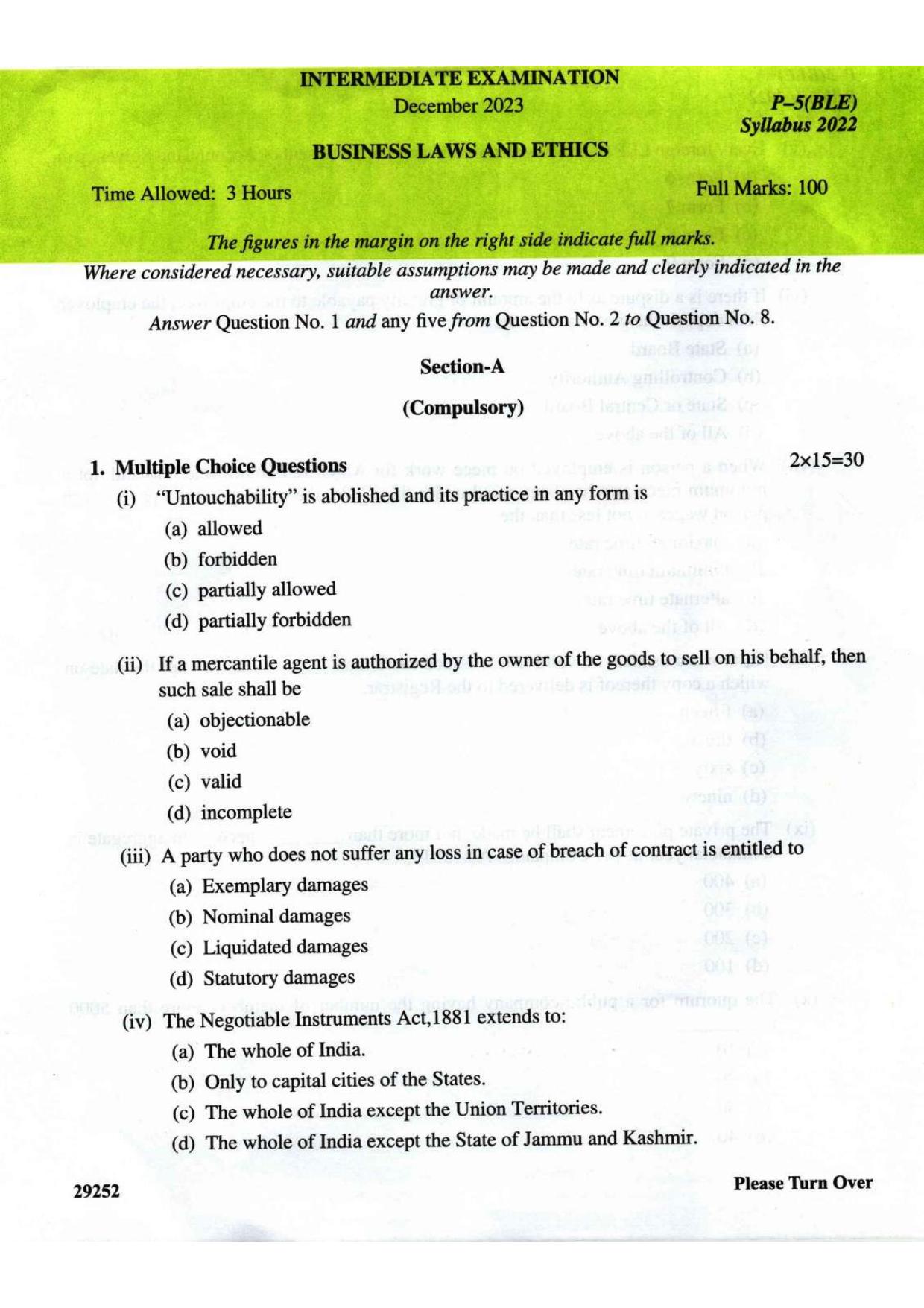 ICMAI Intermediate December 2023 Question Paper - Business Laws And Ethics - Page 1