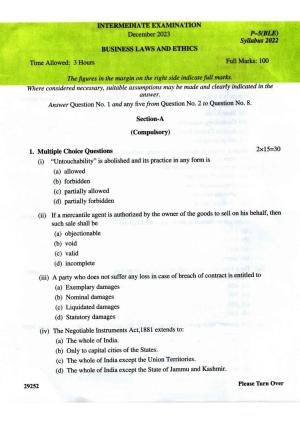 ICMAI Intermediate December 2023 Question Paper - Business Laws And Ethics
