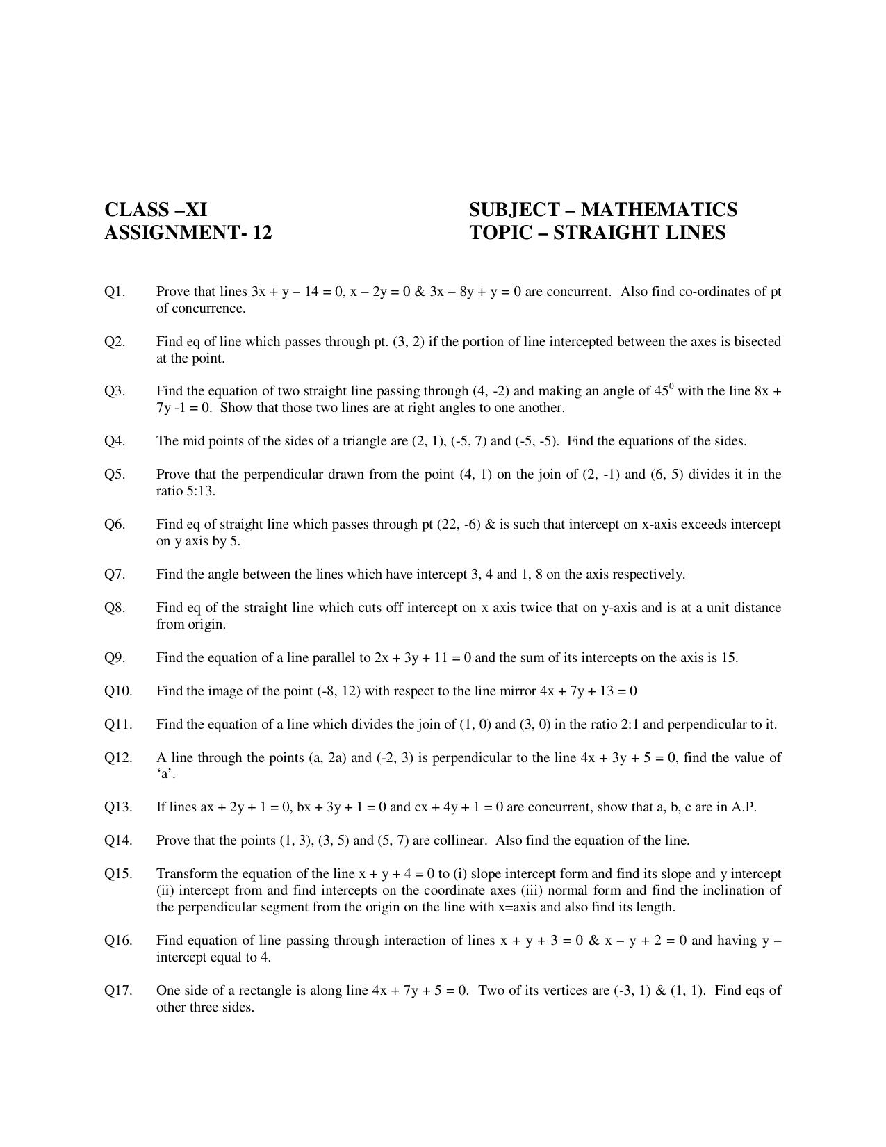 CBSE Worksheets for Class 11 Mathematics Straight Lines Assignment 2 - Page 1