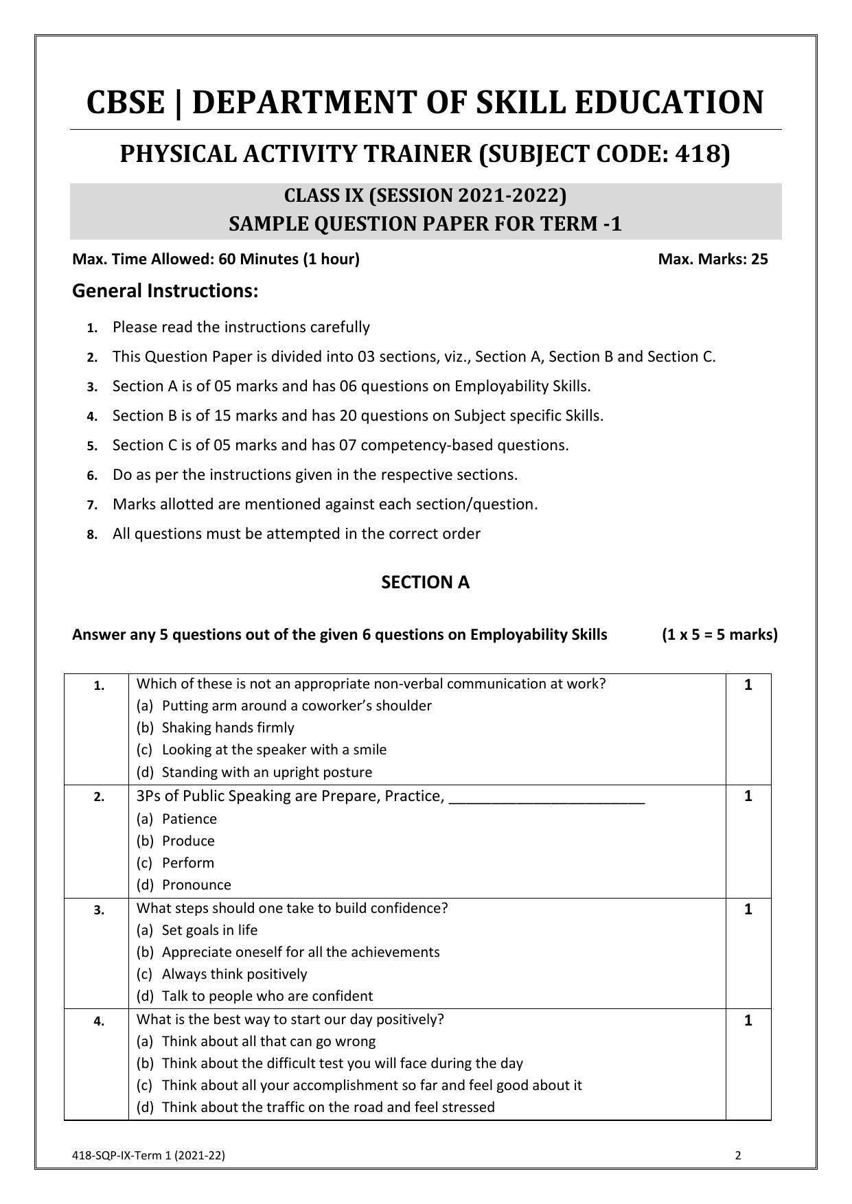 class 10 physical education sample paper (2021 22 with solutions)