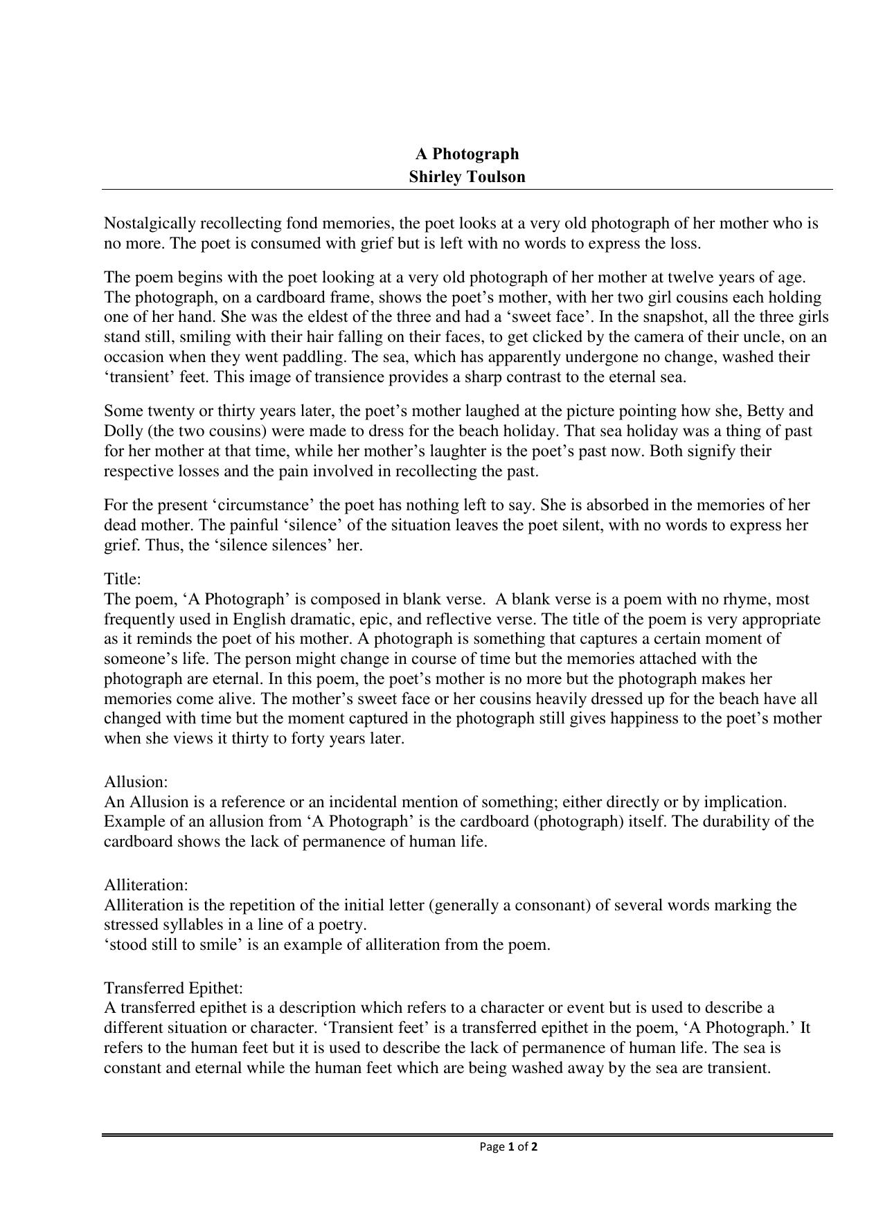 CBSE Worksheets for Class 11 English A Photograph Shirley Toulson Assignment - Page 1