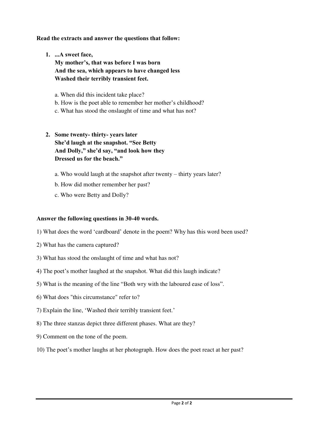 CBSE Worksheets for Class 11 English A Photograph Shirley Toulson Assignment - Page 2