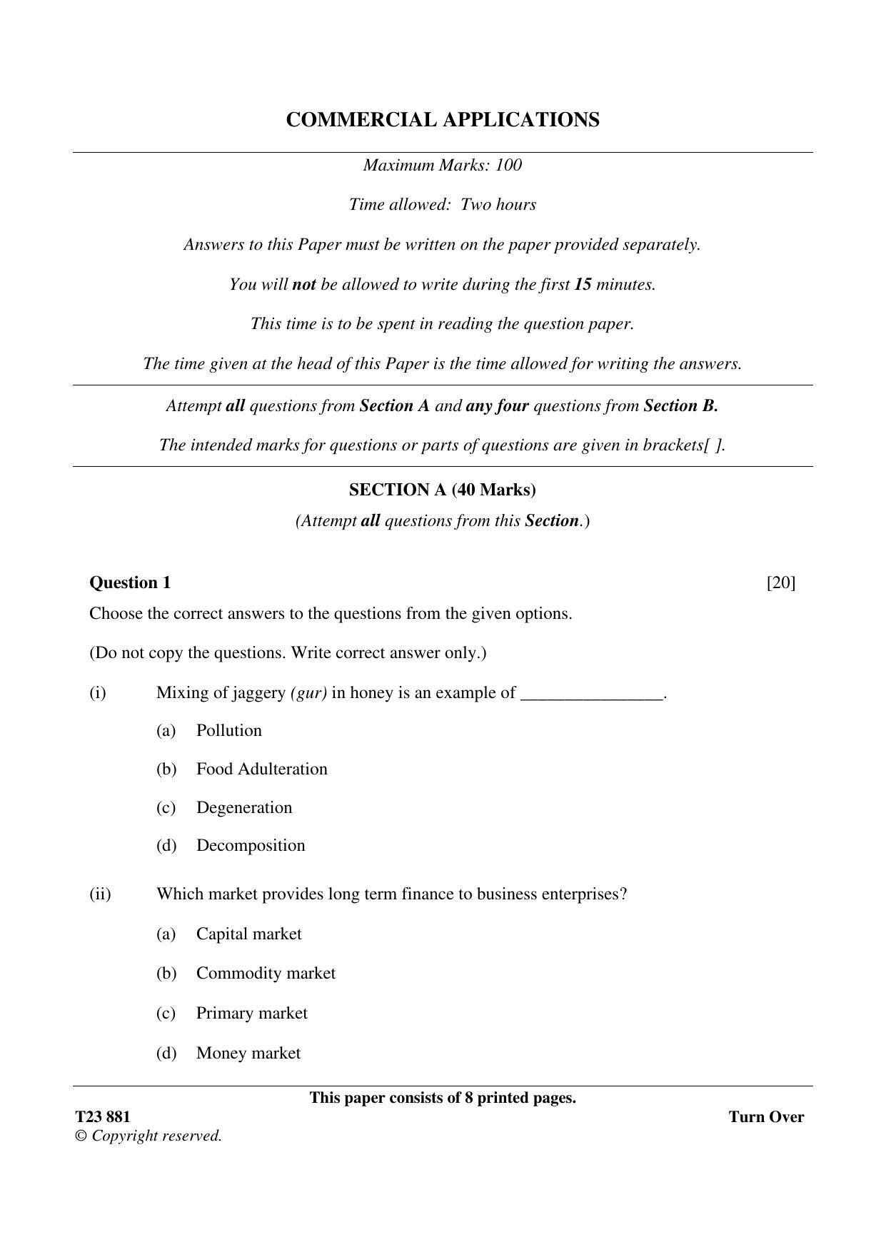 ICSE Class 10 COMMERCIAL APPLICATIONS 2023 Question Paper - Page 1