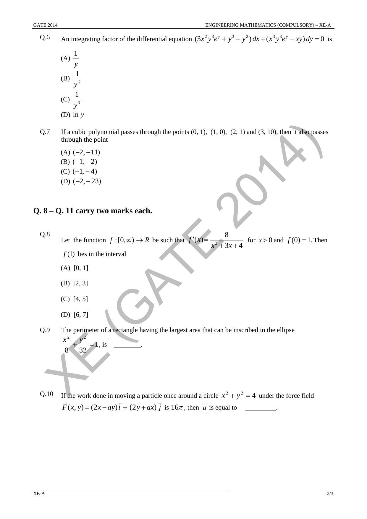 GATE 2014 Engineering Sciences (XE) Question Paper with Answer Key ...