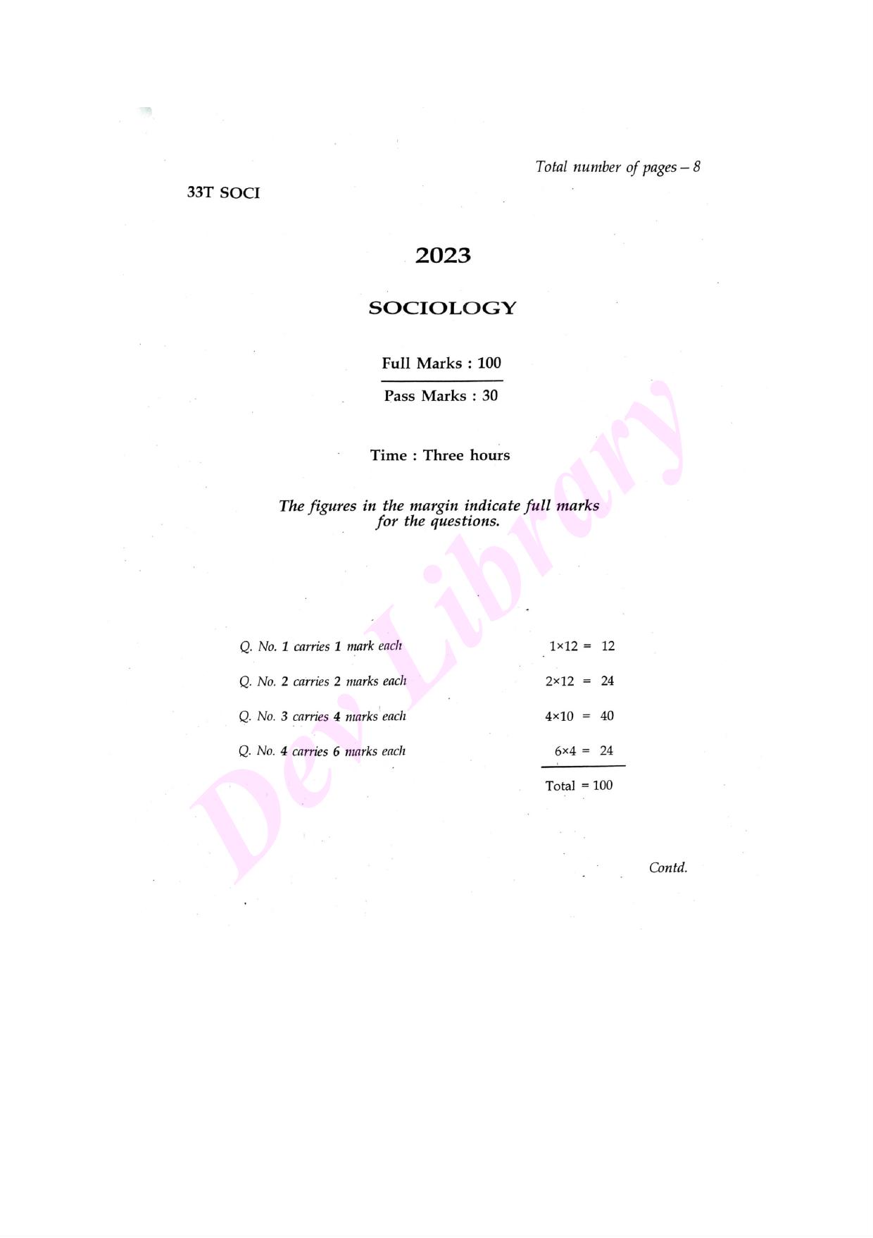 Assam HS 2nd Year Sociology 2023 Question Paper - Page 1