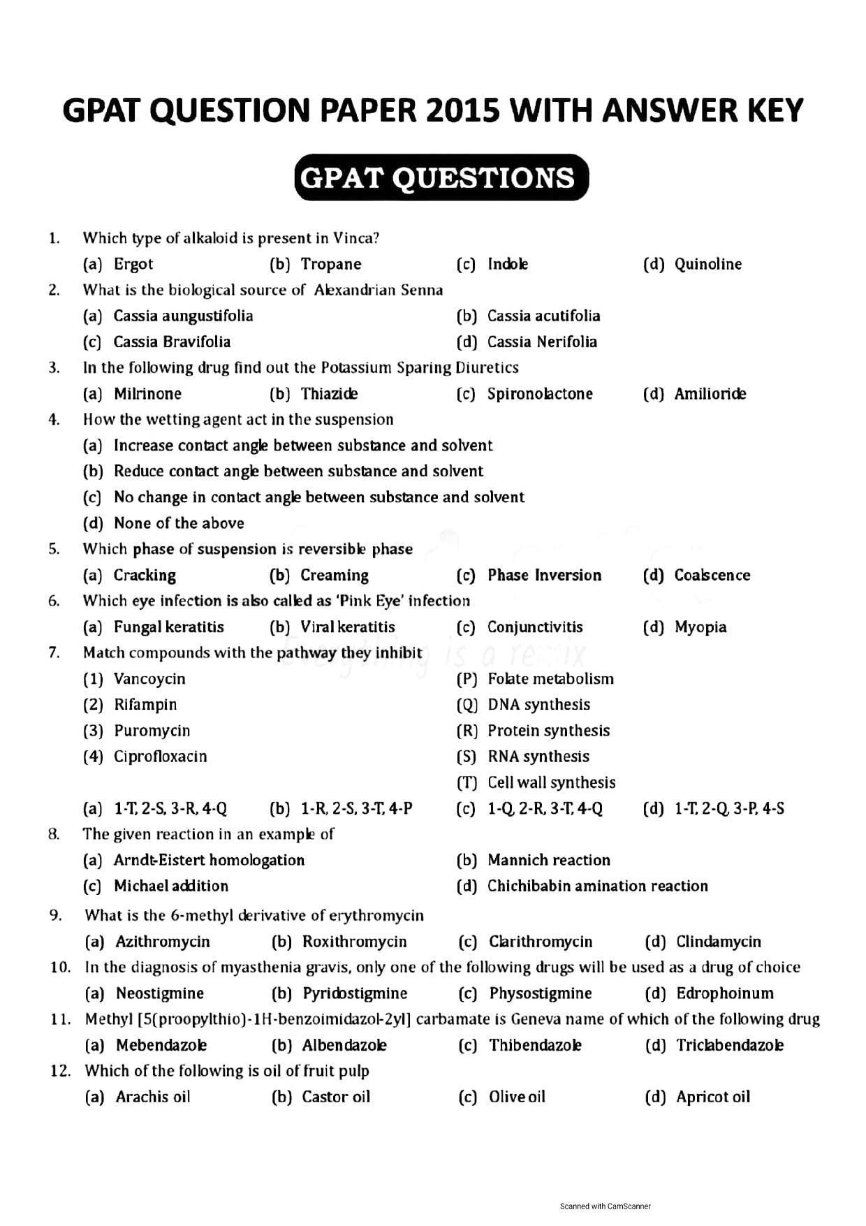 GPAT 2015 Question Paper with Answer Key IndCareer Docs