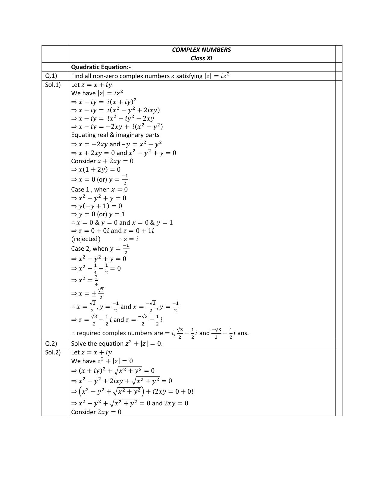 CBSE Worksheets for Class 11 Mathematics Complex Numbers and Quadratic Equation Assignment 4 - Page 1