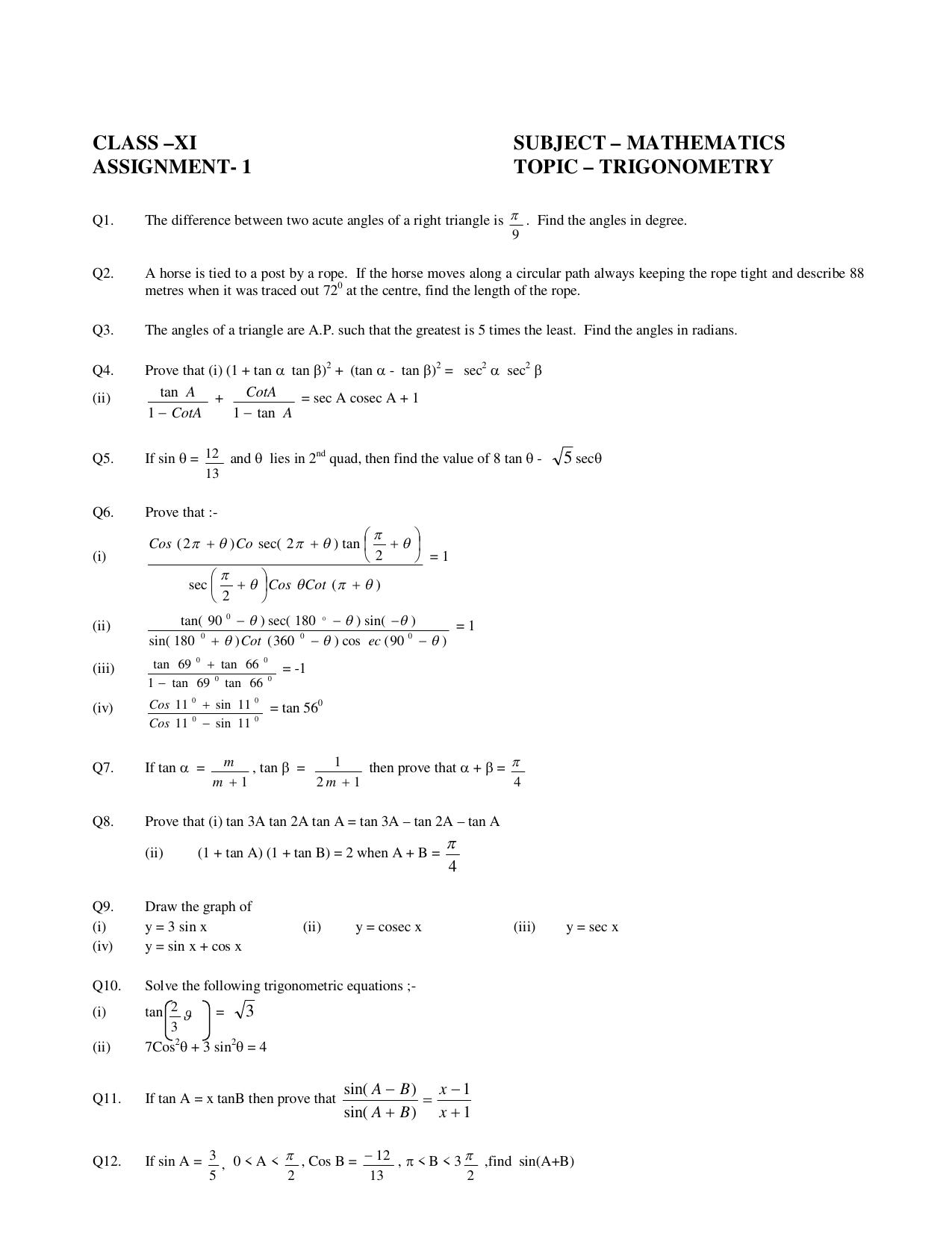 CBSE Worksheets for Class 11 Mathematics Trigonometric Ratios Assignment 3 - Page 1