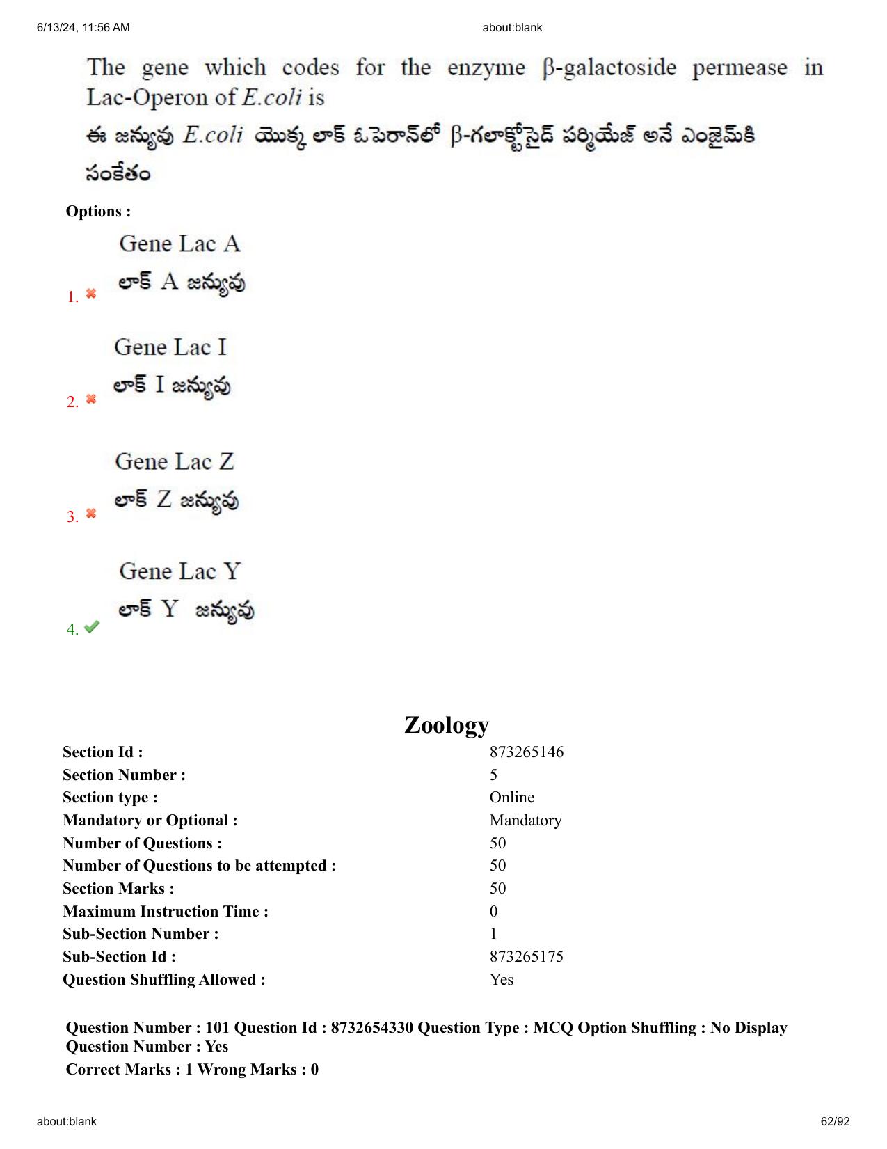 AP EDCET 2024 Biological Science Question Paper with Answer Key (English) - Page 62