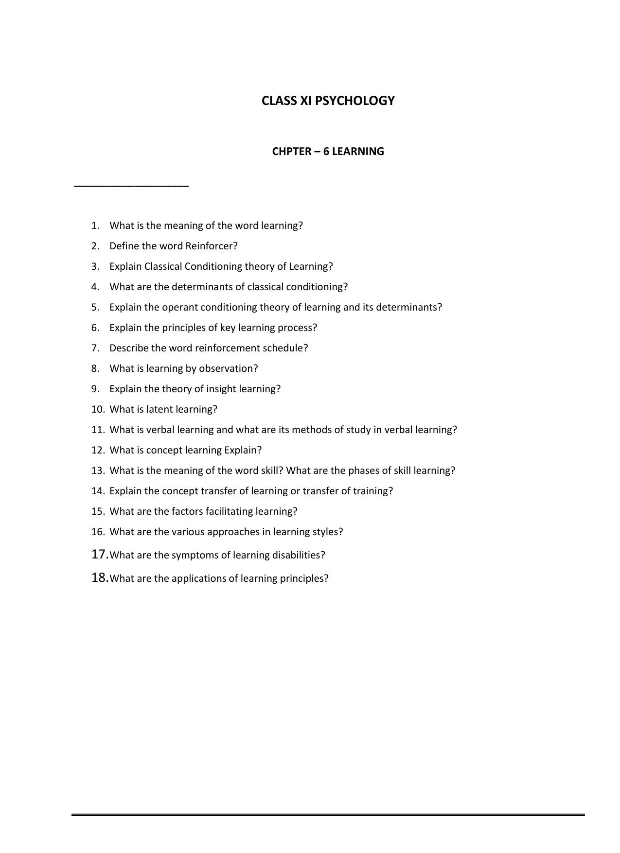 CBSE Worksheets for Class 11 Psychology Learning Assignment 1 - Page 1