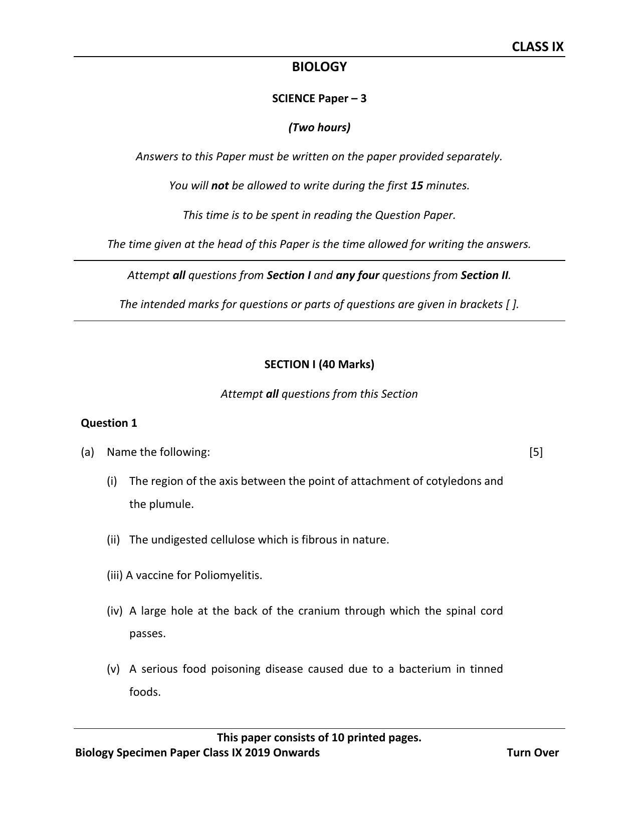 ICSE Class 9 Biology Science Paper-III Sample Paper - Page 1